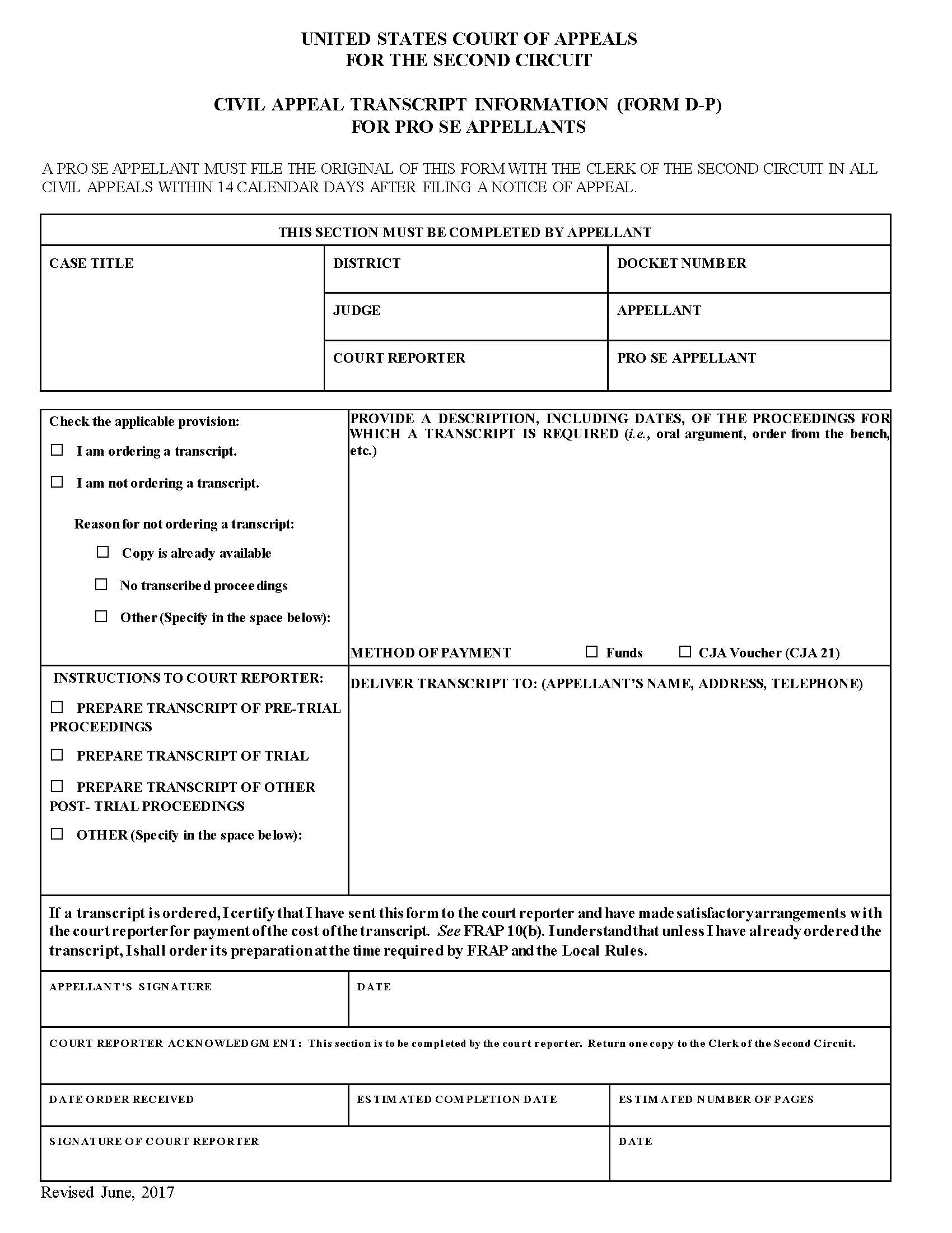 Civil Appeal Transcript Information (Form D-P) For Pro Se Appellants {D-P} | Pdf Fpdf Doc Docx | Official Federal Forms