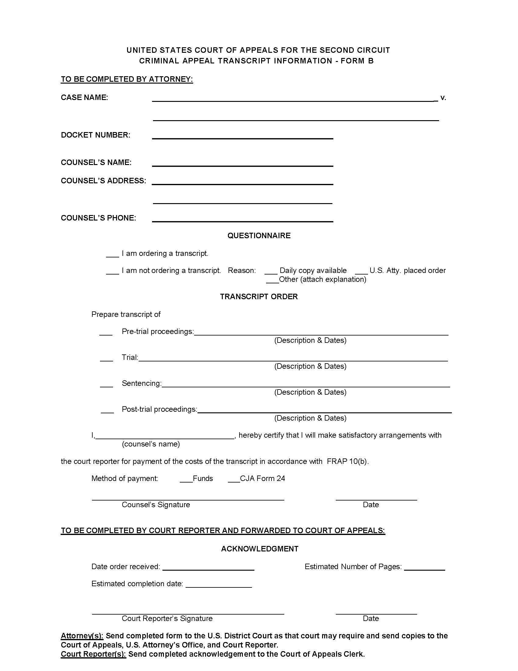 Criminal Appeal Transcript Information (Form B) {B} | Pdf Fpdf Doc Docx | Official Federal Forms