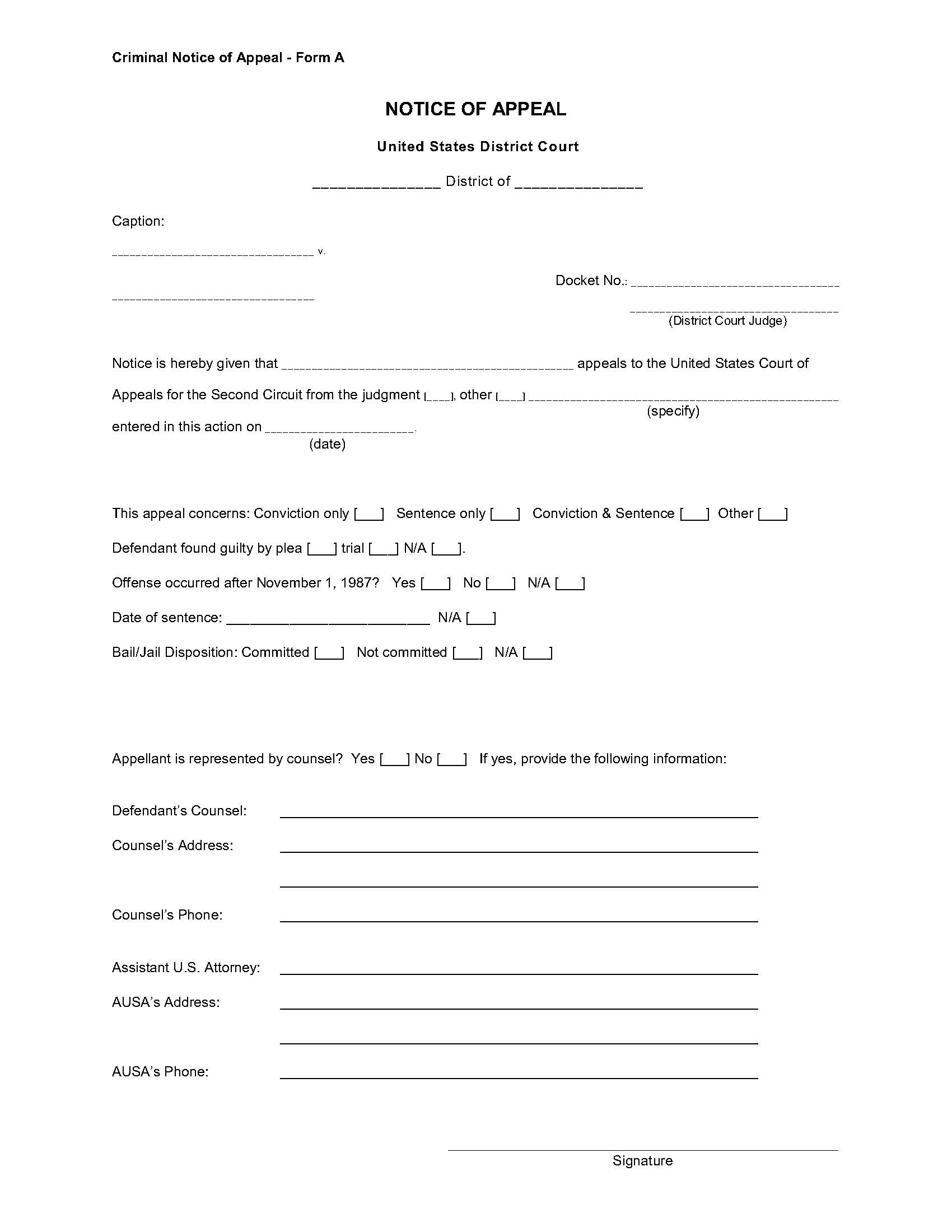 Criminal Notice Of Appeal (Form A) {A} | Pdf Fpdf Doc Docx | Official Federal Forms