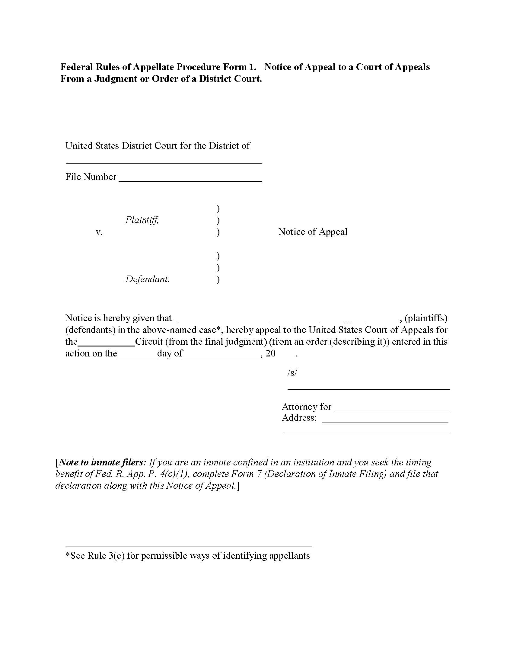 Form 1 Notice Of Appeal-From District Court {1} | Pdf Fpdf Doc Docx | Official Federal Forms