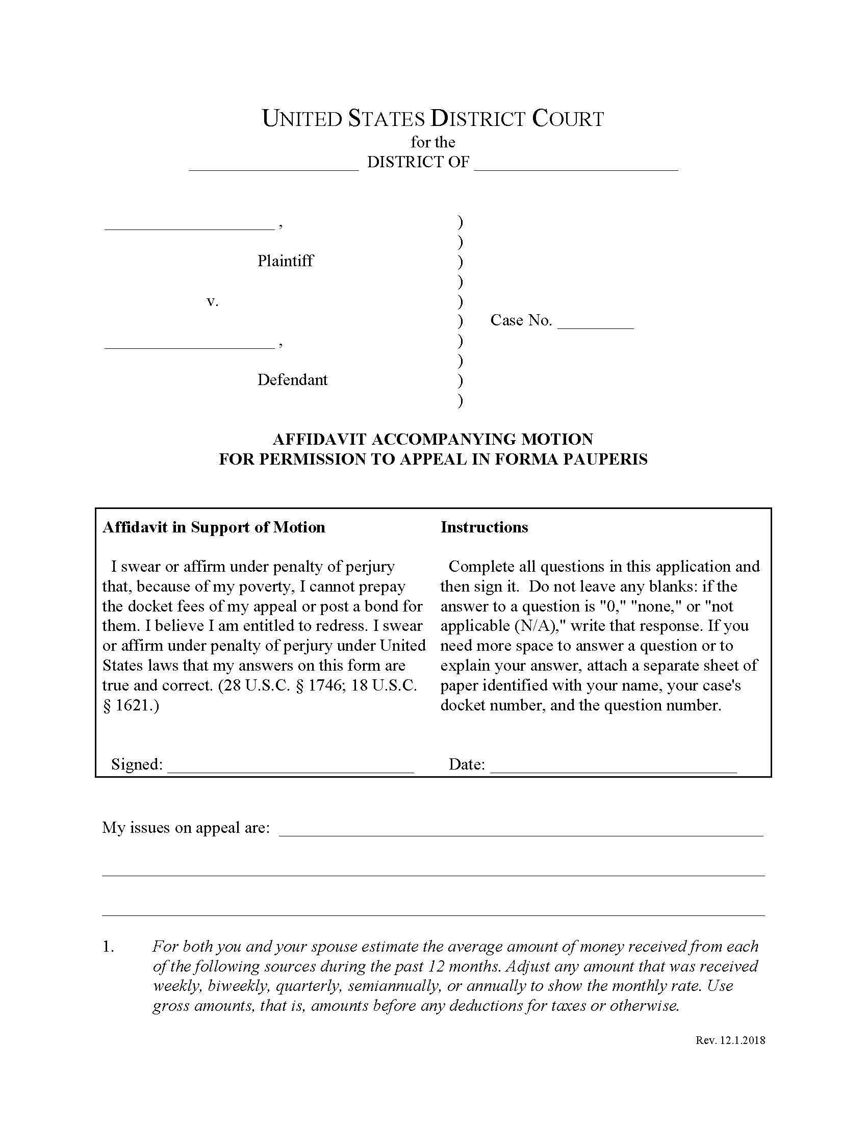 Form 4 Affidavit With Motion To Proceed In Forma Pauperis {4} | Pdf Fpdf Doc Docx | Official Federal Forms