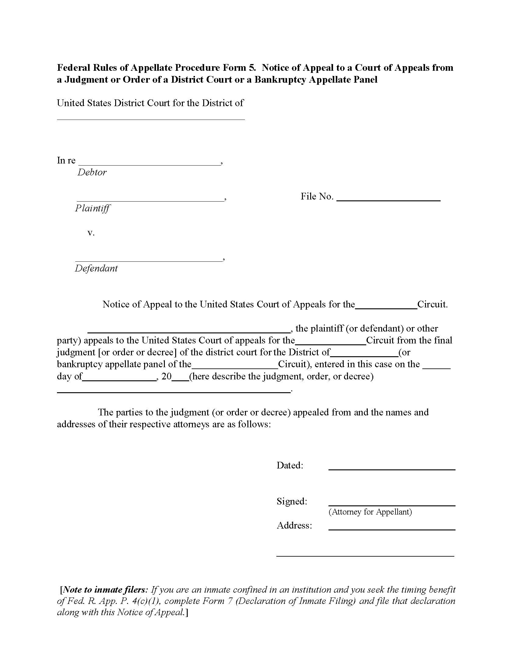 Form 5 Notice Of Appeal-From A District Court Bankruptcy Appellate Panel {5} | Pdf Fpdf Doc Docx | Official Federal Forms