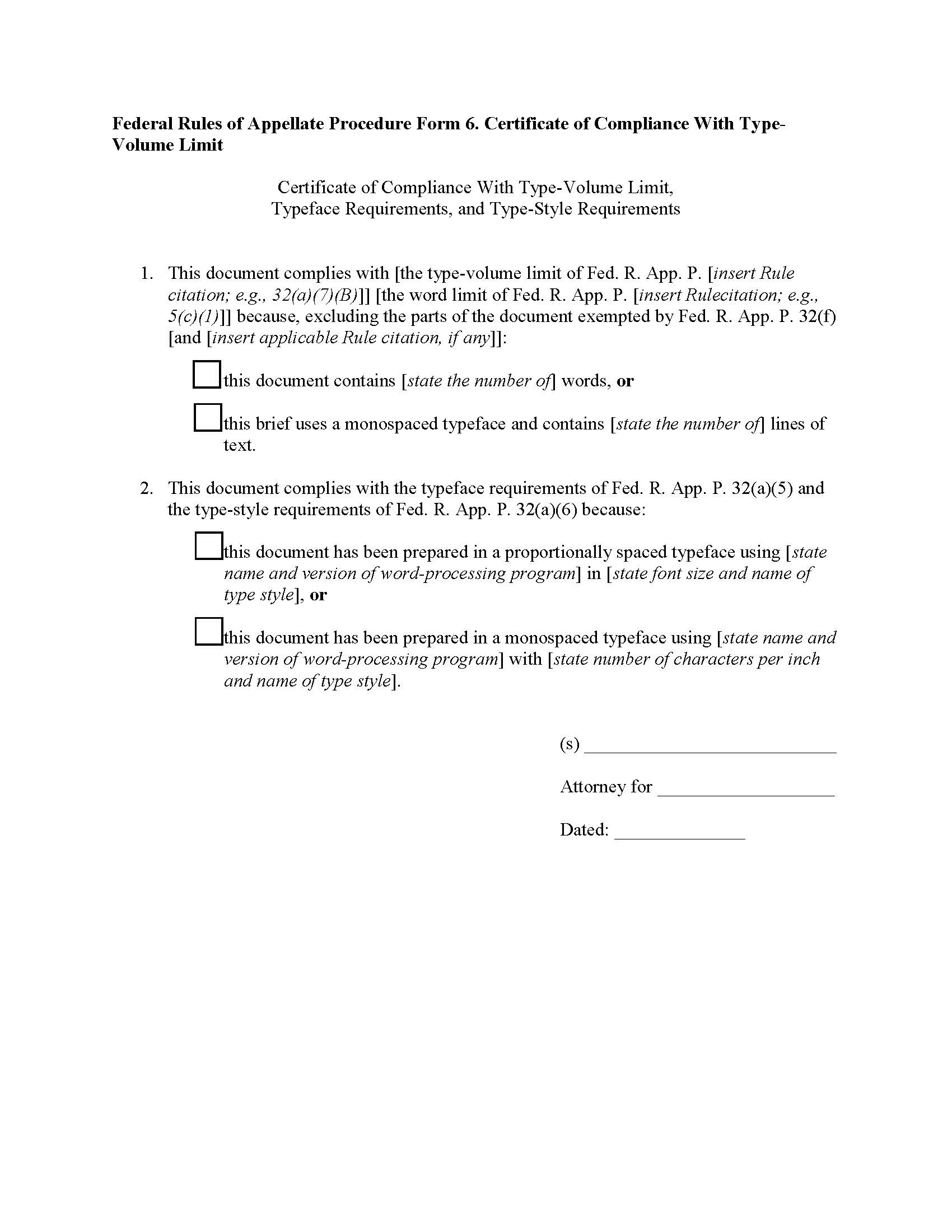 Form 6 Certificate Of Compliance With Rule 32(a) {6} | Pdf Fpdf Doc Docx | Official Federal Forms