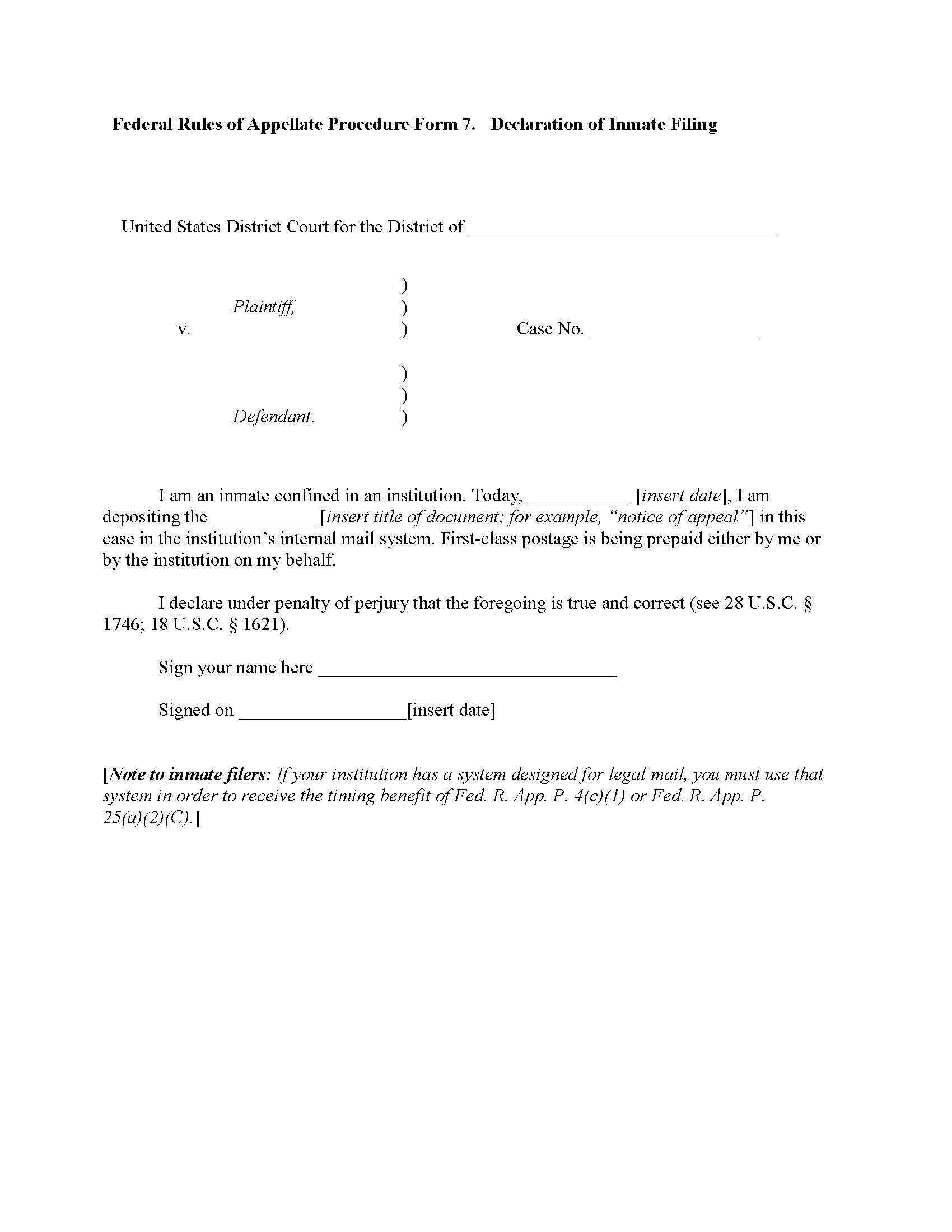 Form 7 Declaration Of Inmate Filing (2nd COA) {7} | Pdf Fpdf Doc Docx | Official Federal Forms