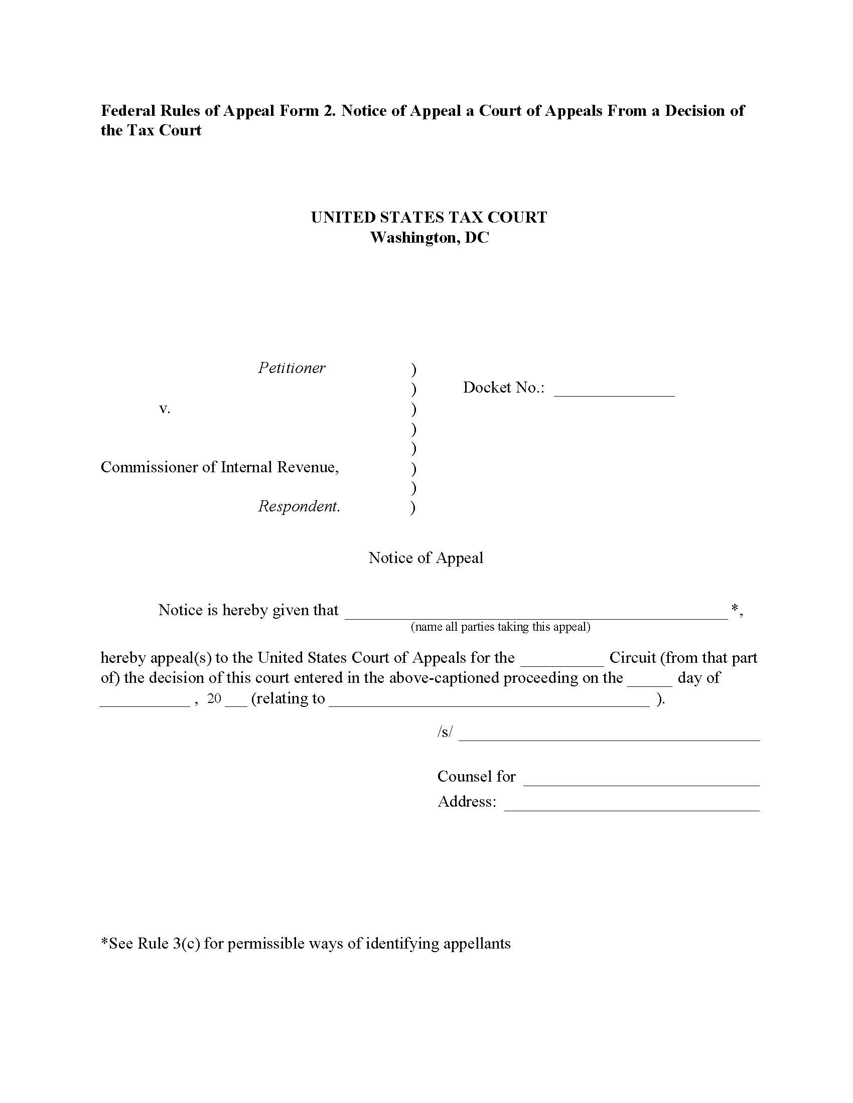 Notice Of Appeal A Court Of Appeals From A Decision Of The Tax Court | Pdf Fpdf Doc Docx | Official Federal Forms