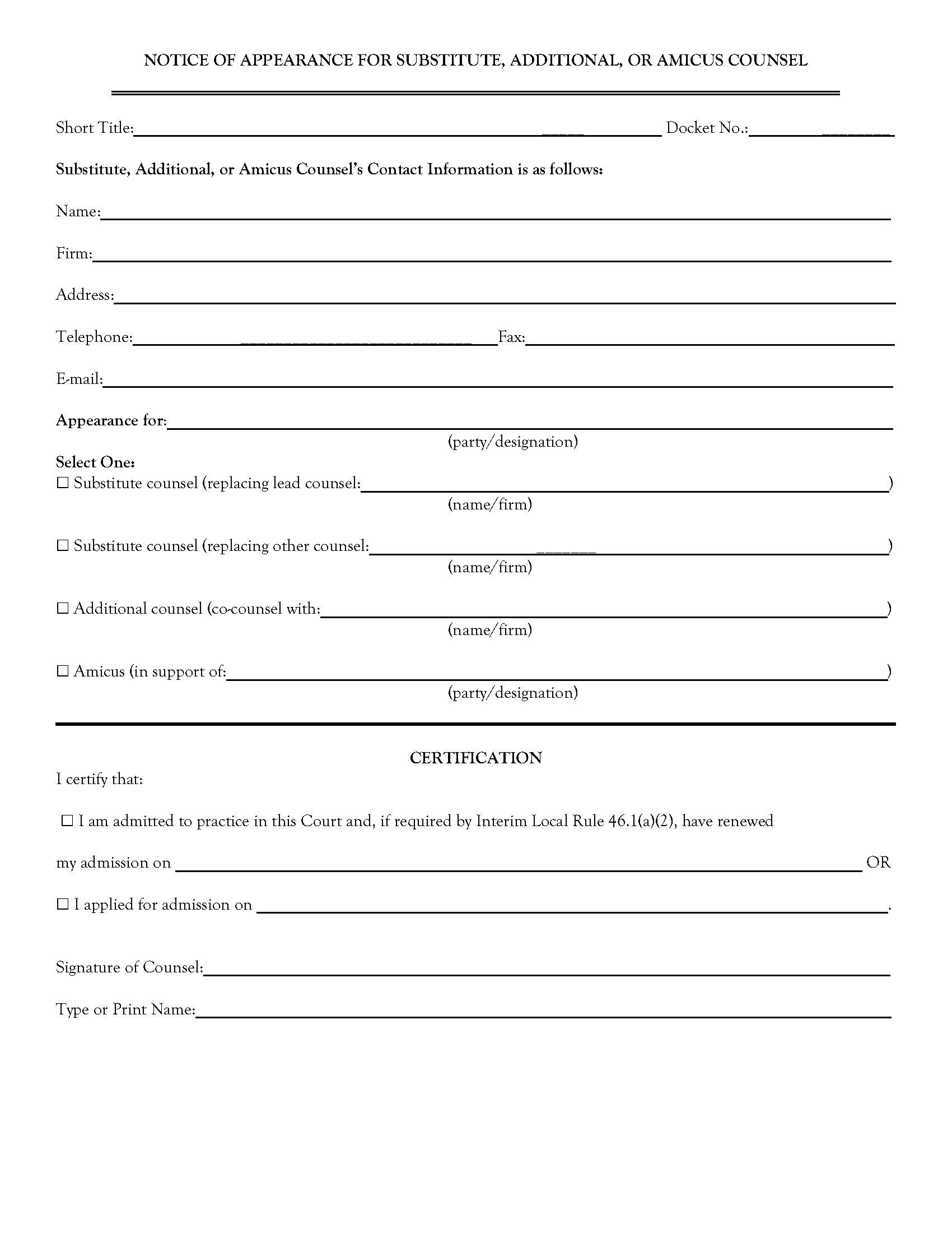 Notice Of Appearance For Substitute Additional Or Amicus Counsel | Pdf Fpdf Doc Docx | Official Federal Forms