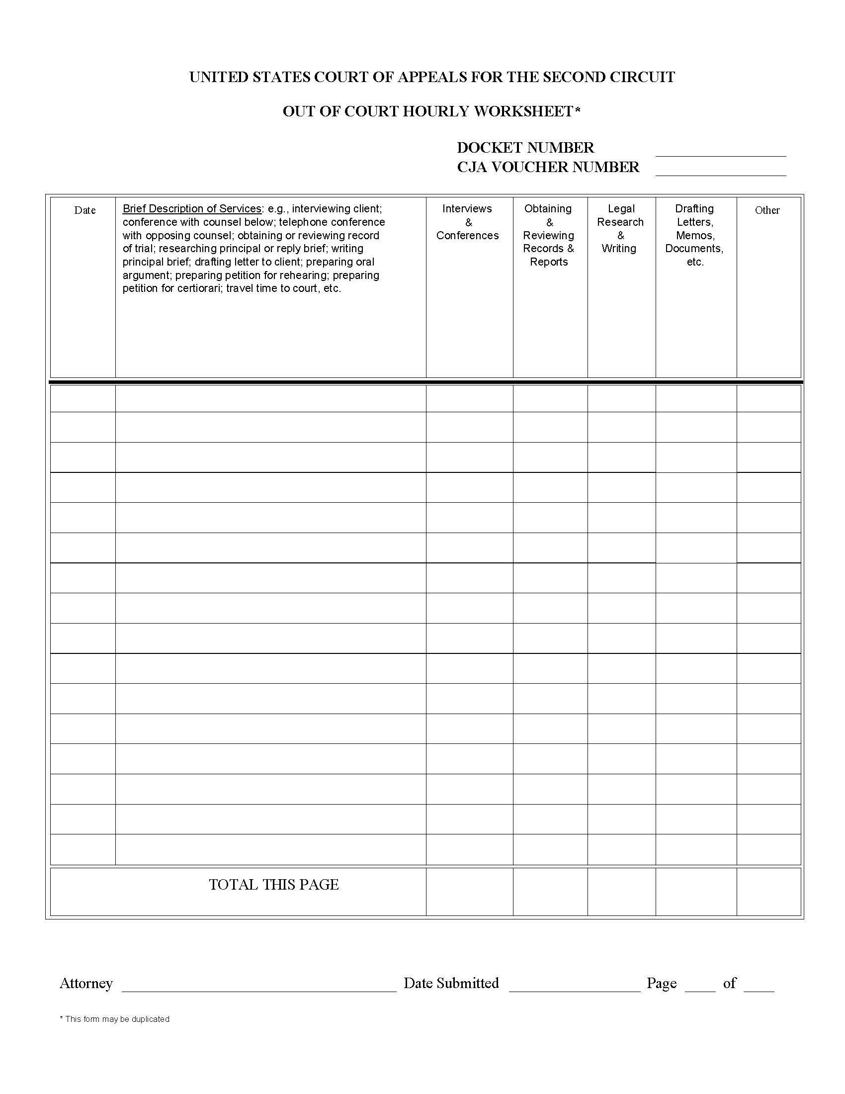 Out Of Court Hourly Worksheet | Pdf Fpdf Doc Docx | Official Federal Forms