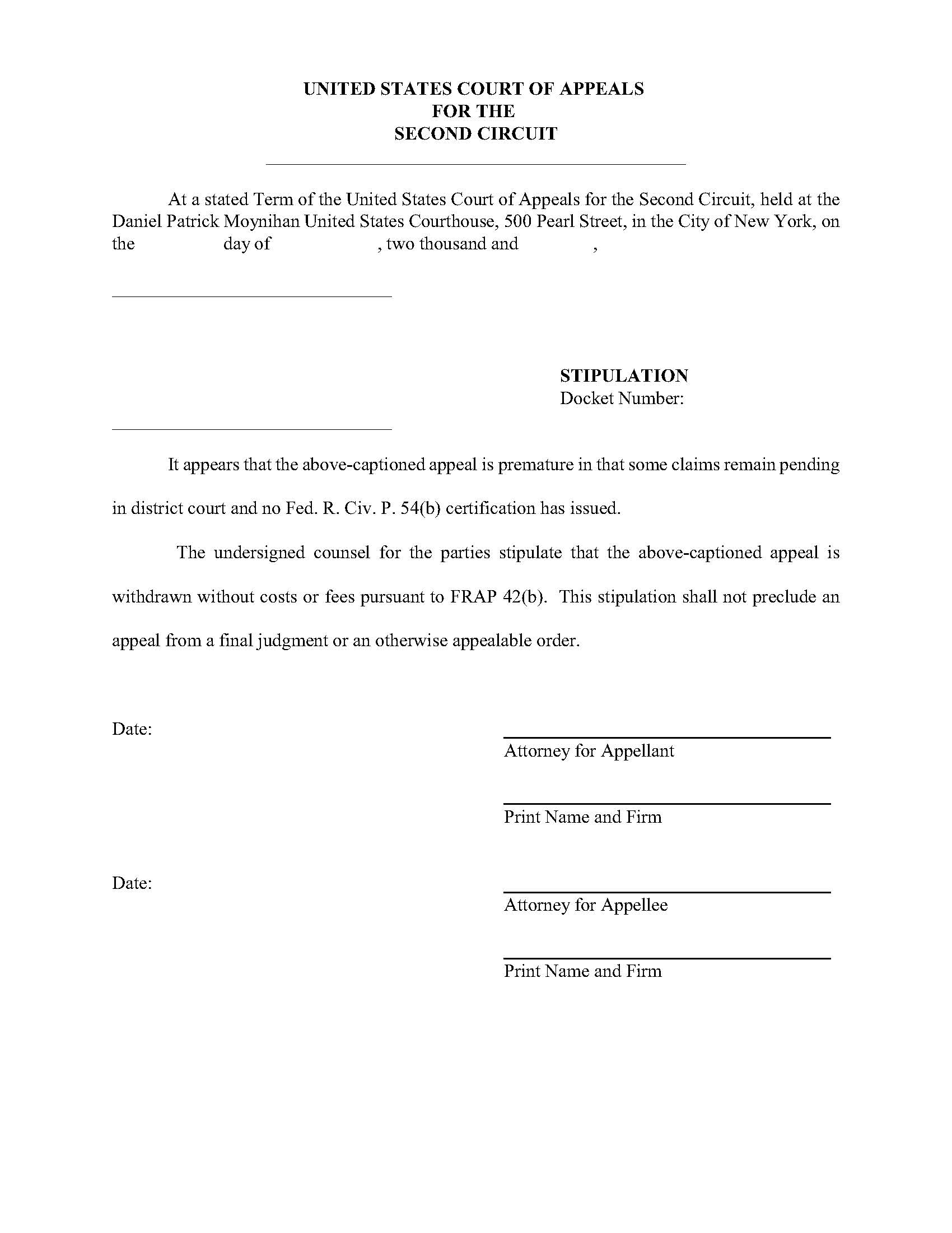 Stipulation For Premature Appeal | Pdf Fpdf Doc Docx | Official Federal Forms