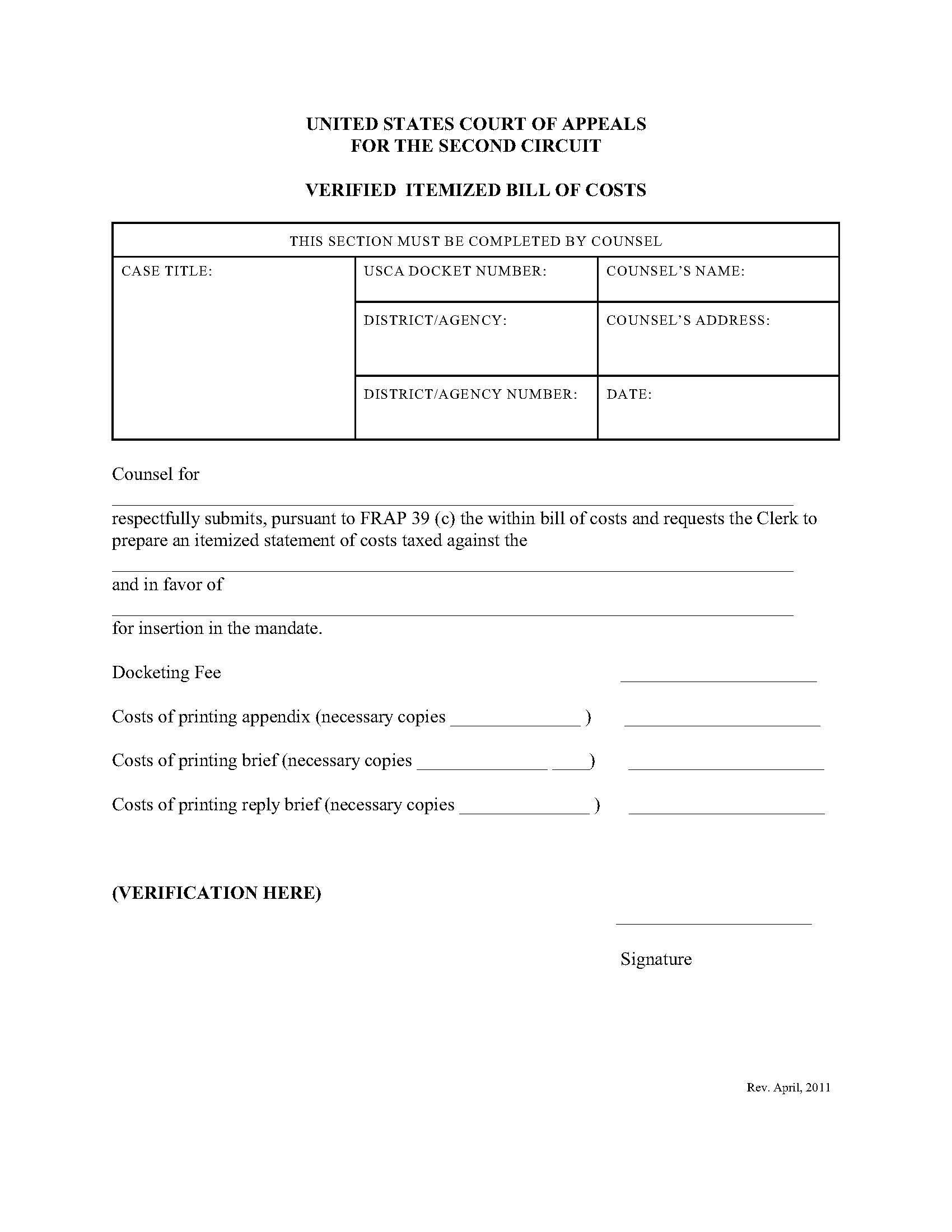 Verified Itemized Bill Of Costs | Pdf Fpdf Doc Docx | Official Federal Forms