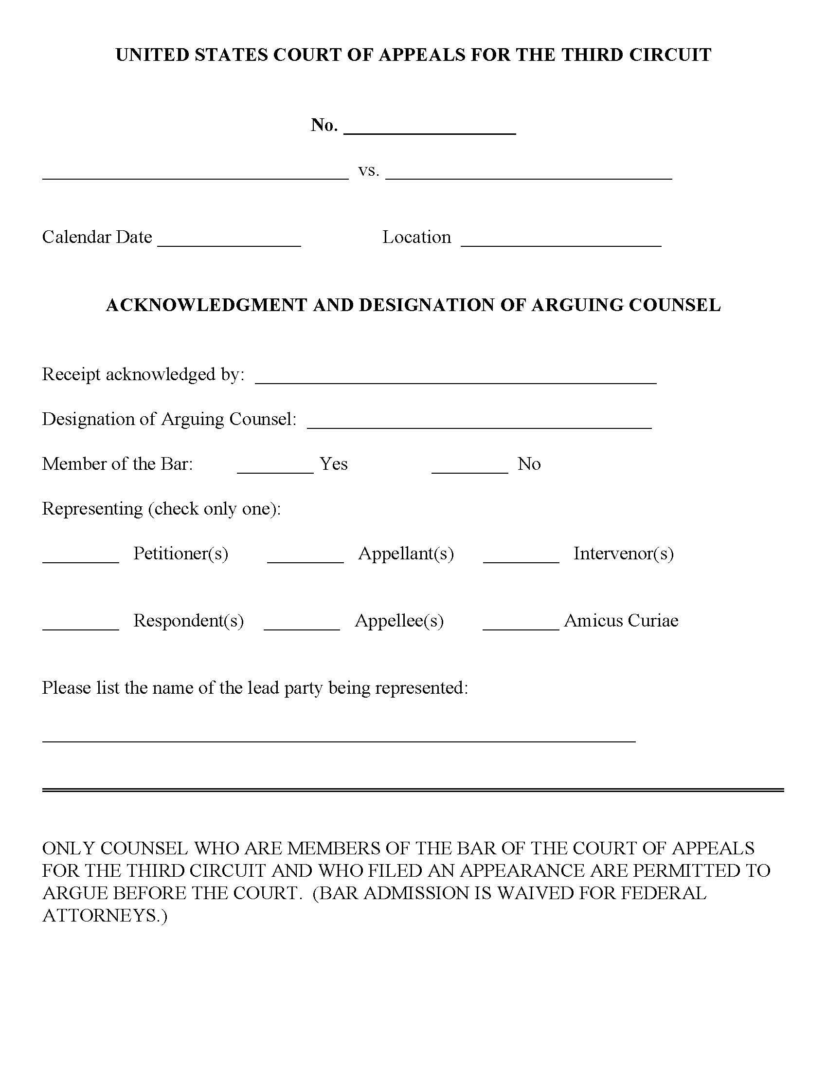 Acknowledgment And Designation Of Arguing Counsel (Oral Argument) | Pdf Fpdf Docx | Official Federal Forms