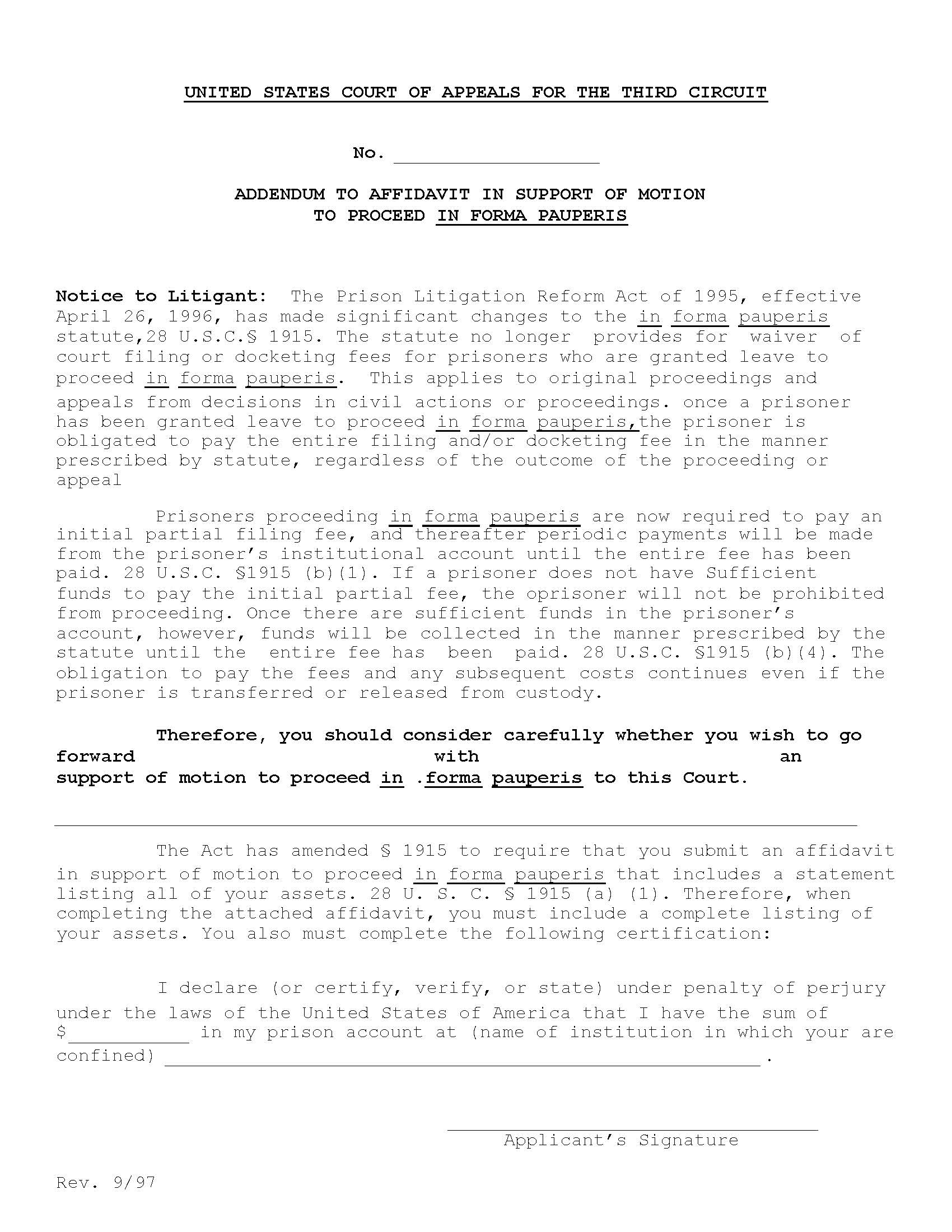 Addendum To Affidavit In Support To Proceed In Forma Pauperis | Pdf Fpdf Docx | Official Federal Forms