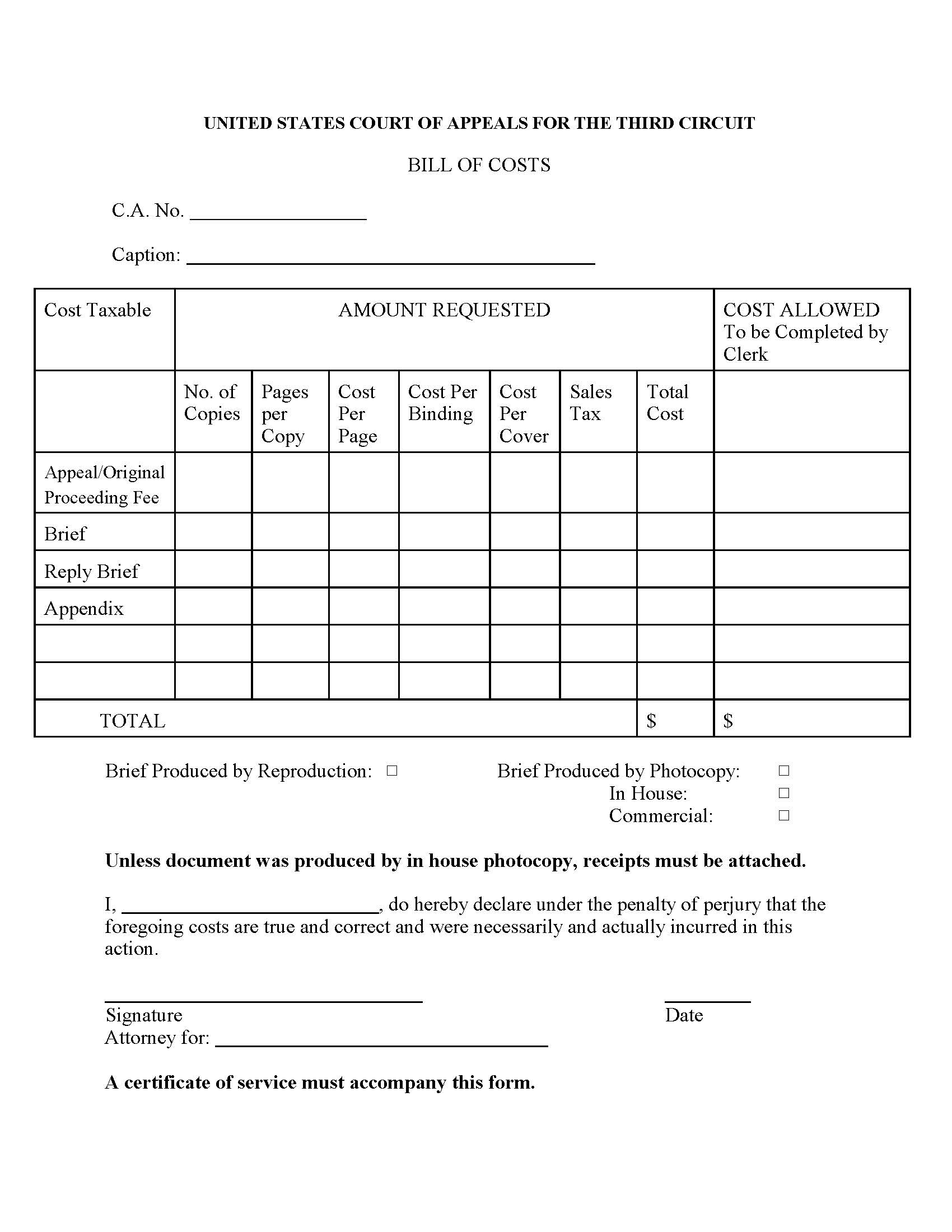 Bill Of Costs Form (US COA 3rd Circuit) | Pdf Fpdf Docx | Official Federal Forms