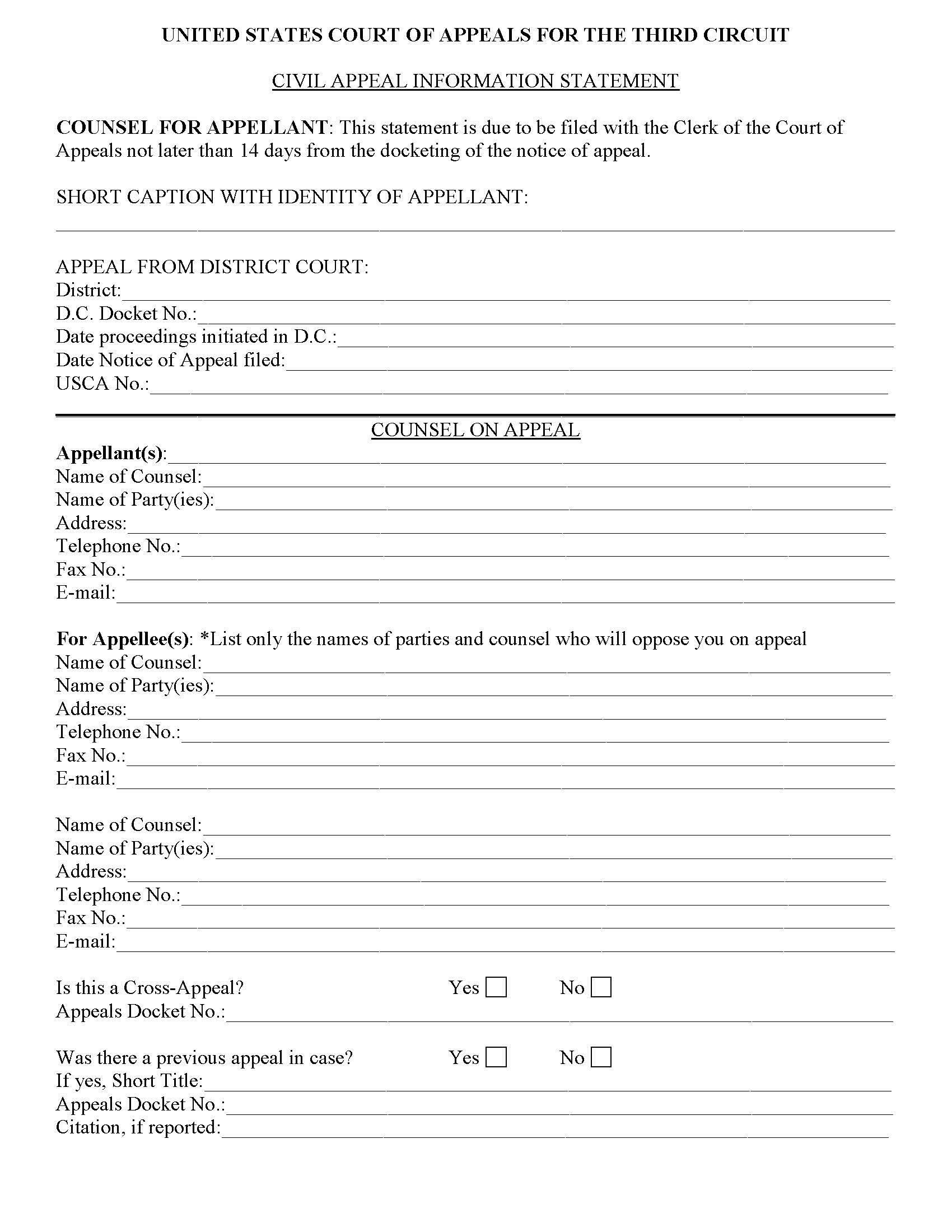 Civil Appeal Information Statement | Pdf Fpdf Docx | Official Federal Forms