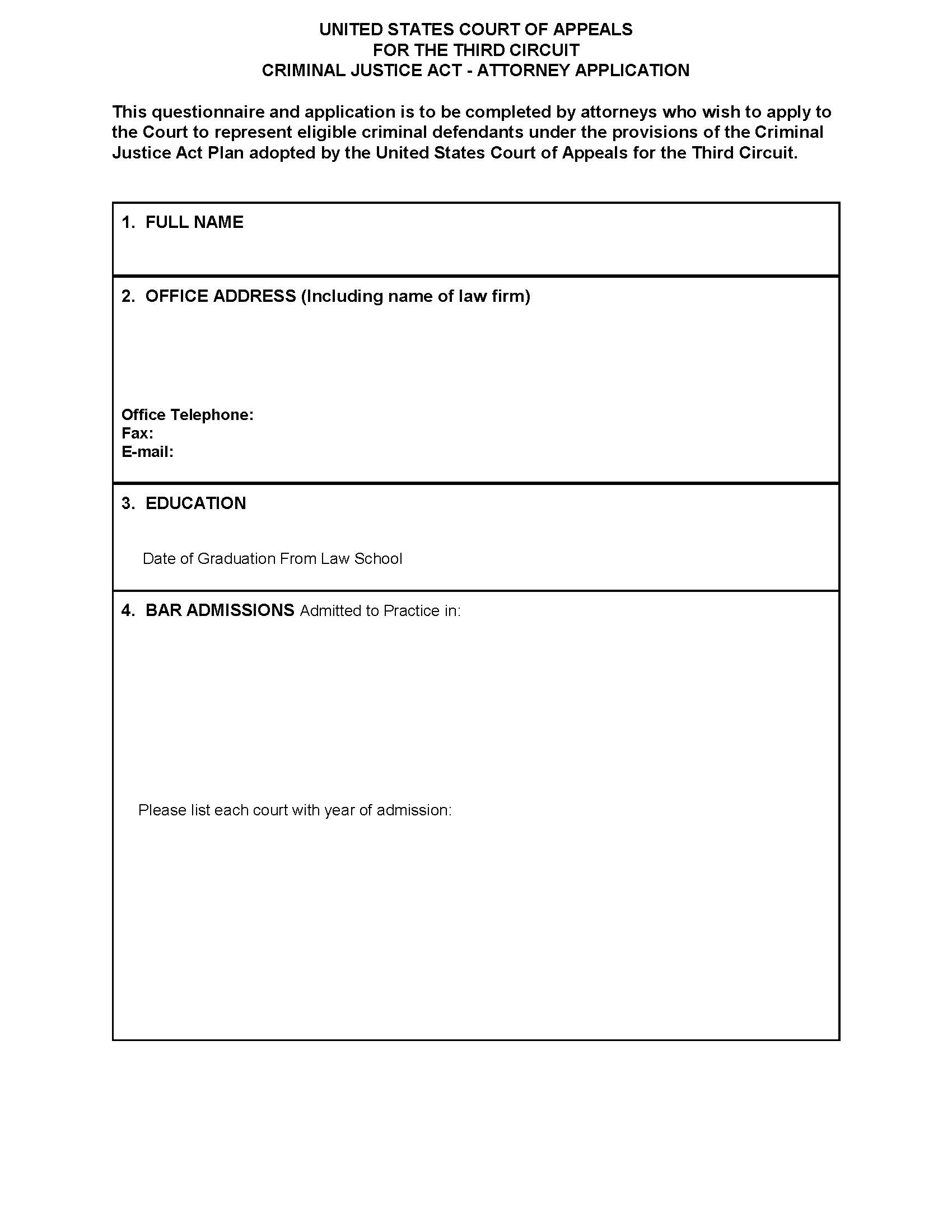 Criminal Justice Act-Attorney Application | Pdf Fpdf Docx | Official Federal Forms