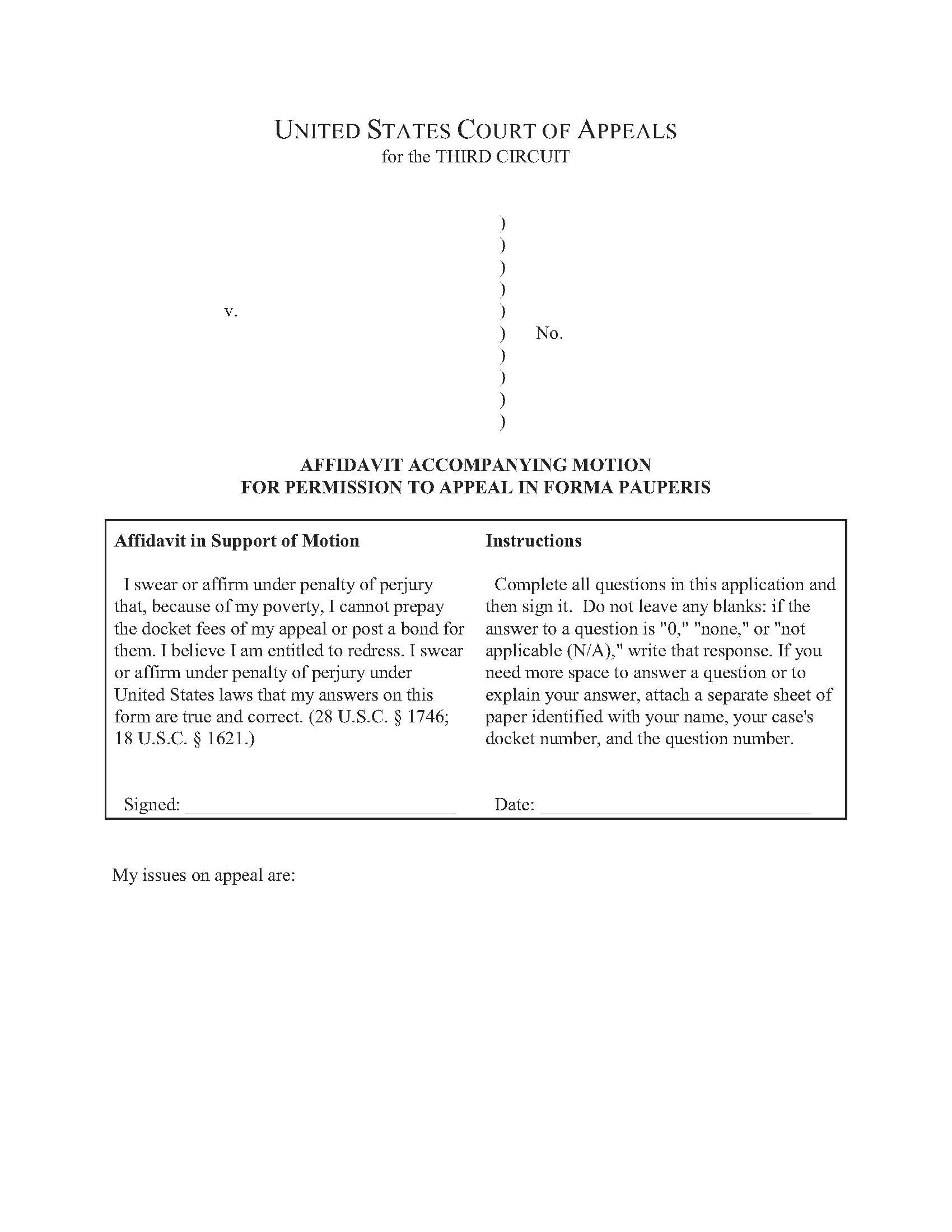 In Forma Pauperis Affidavit (Accompanying Motion For Permission To Appeal) | Pdf Fpdf Doc Docx | Official Federal Forms