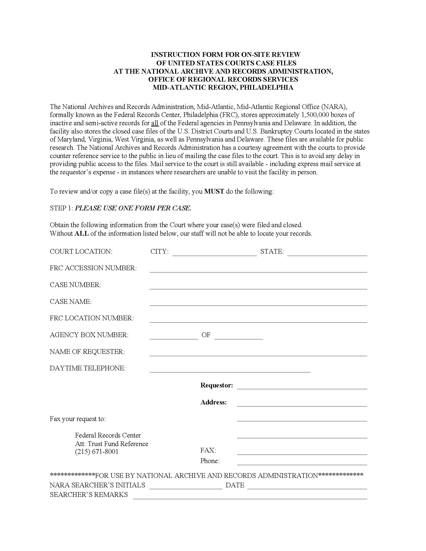 Instruction Form For On Site  Review Of United State Court Case Files | Pdf Fpdf Doc Docx | Official Federal Forms