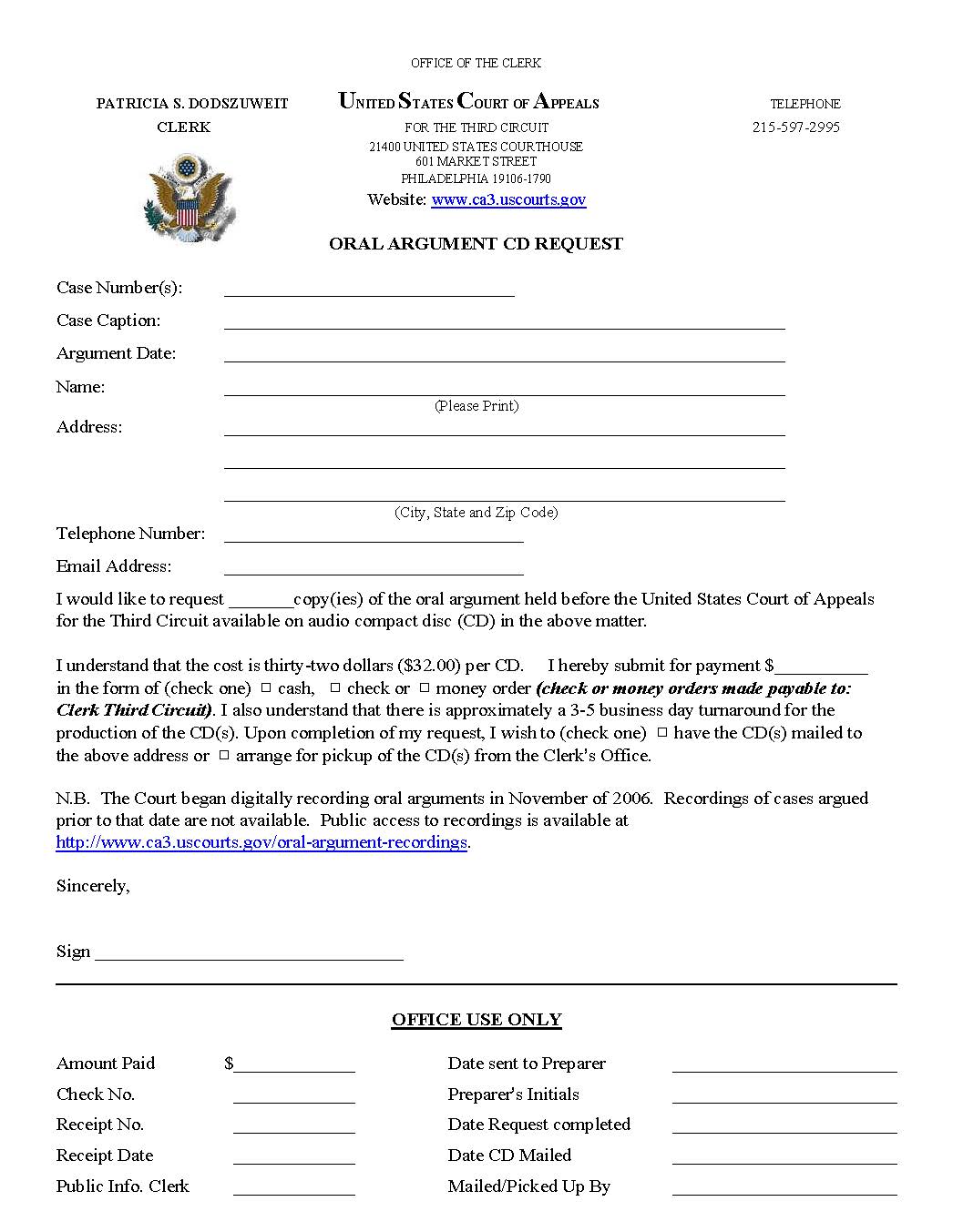 Oral Argument CD Request | Pdf Fpdf Docx | Official Federal Forms