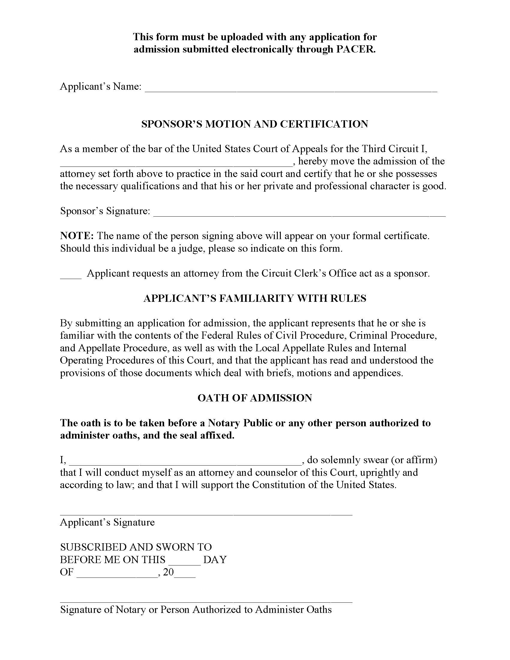 Sponsors Motion And Oath Of Admission (3rd COA) | Pdf Fpdf Docx | Official Federal Forms