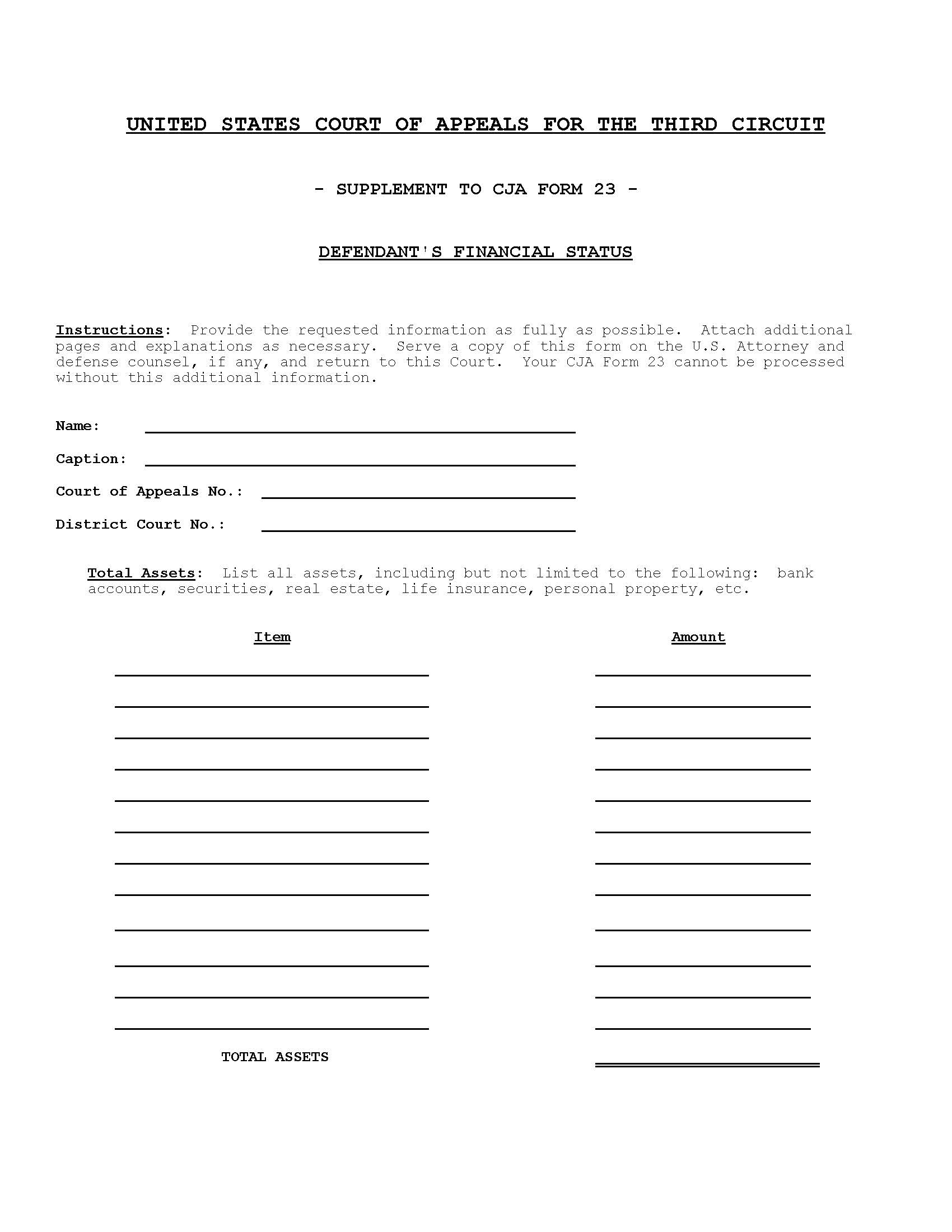 Supplement To CJA Form 23 Defendants Financial Status | Pdf Fpdf Docx | Official Federal Forms