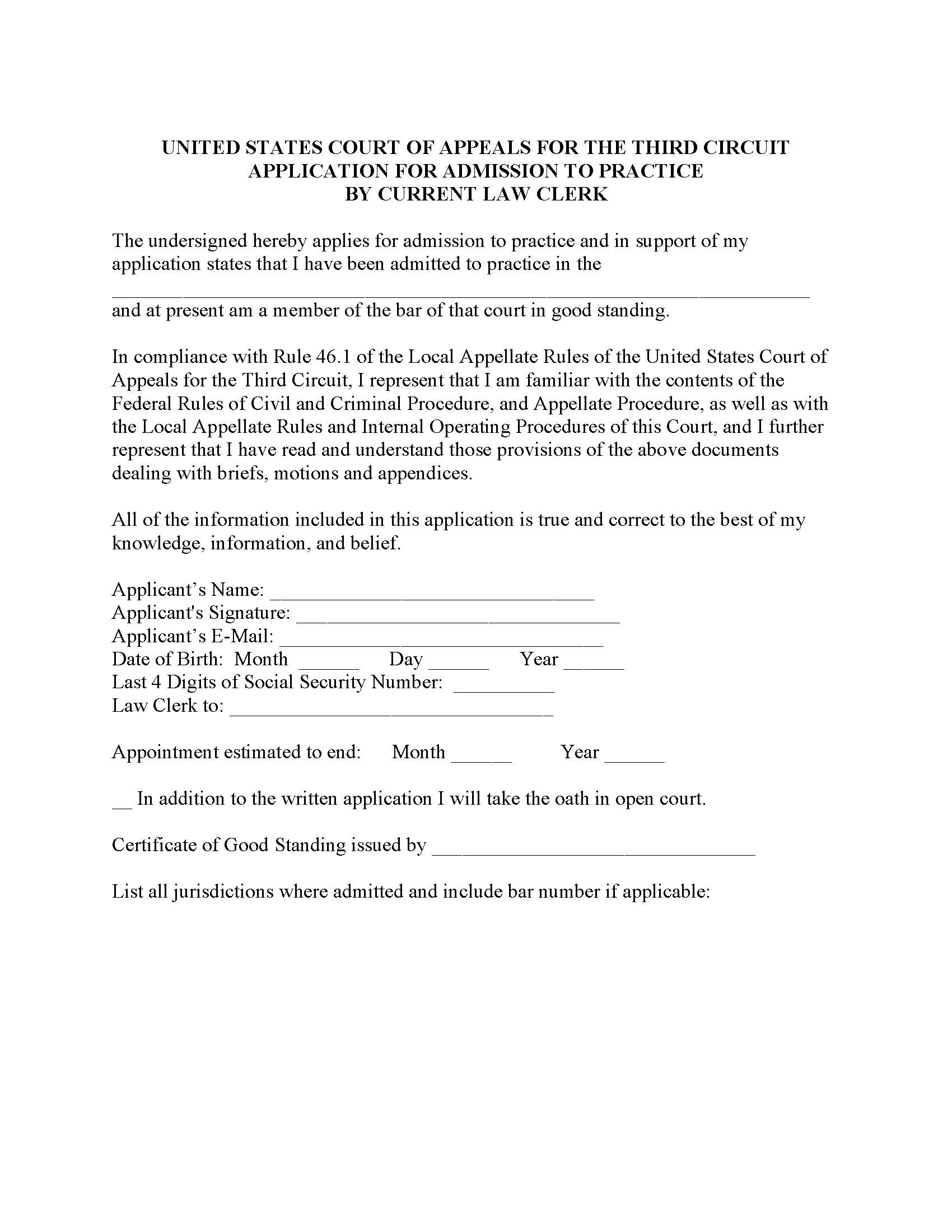 Application For Admission By Current (Third Circuit) Law Clerk | Pdf Fpdf Docx | Official Federal Forms