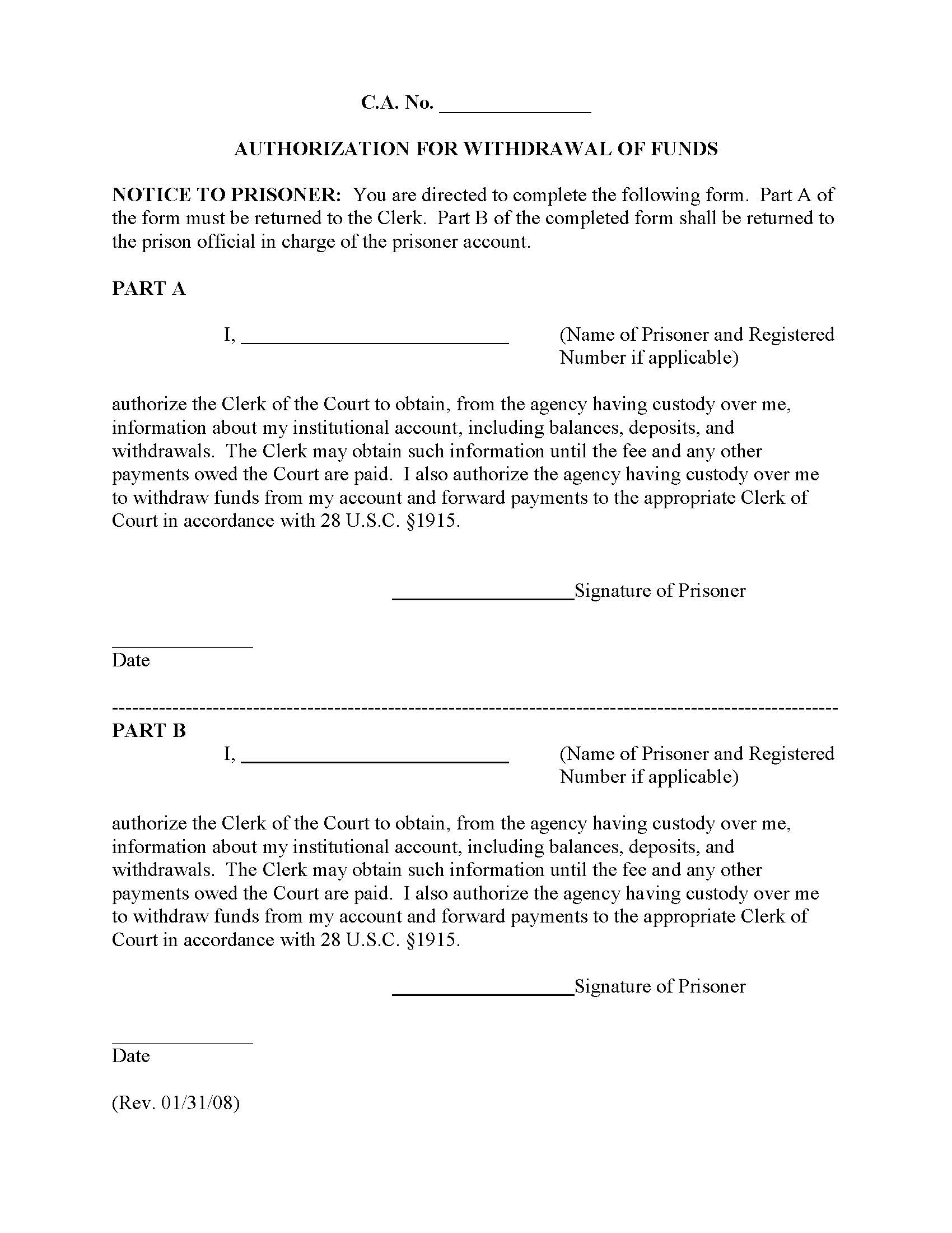 Authorization For Withdrawal Of Funds (To Be Used By Prisoners) | Pdf Fpdf Docx | Official Federal Forms