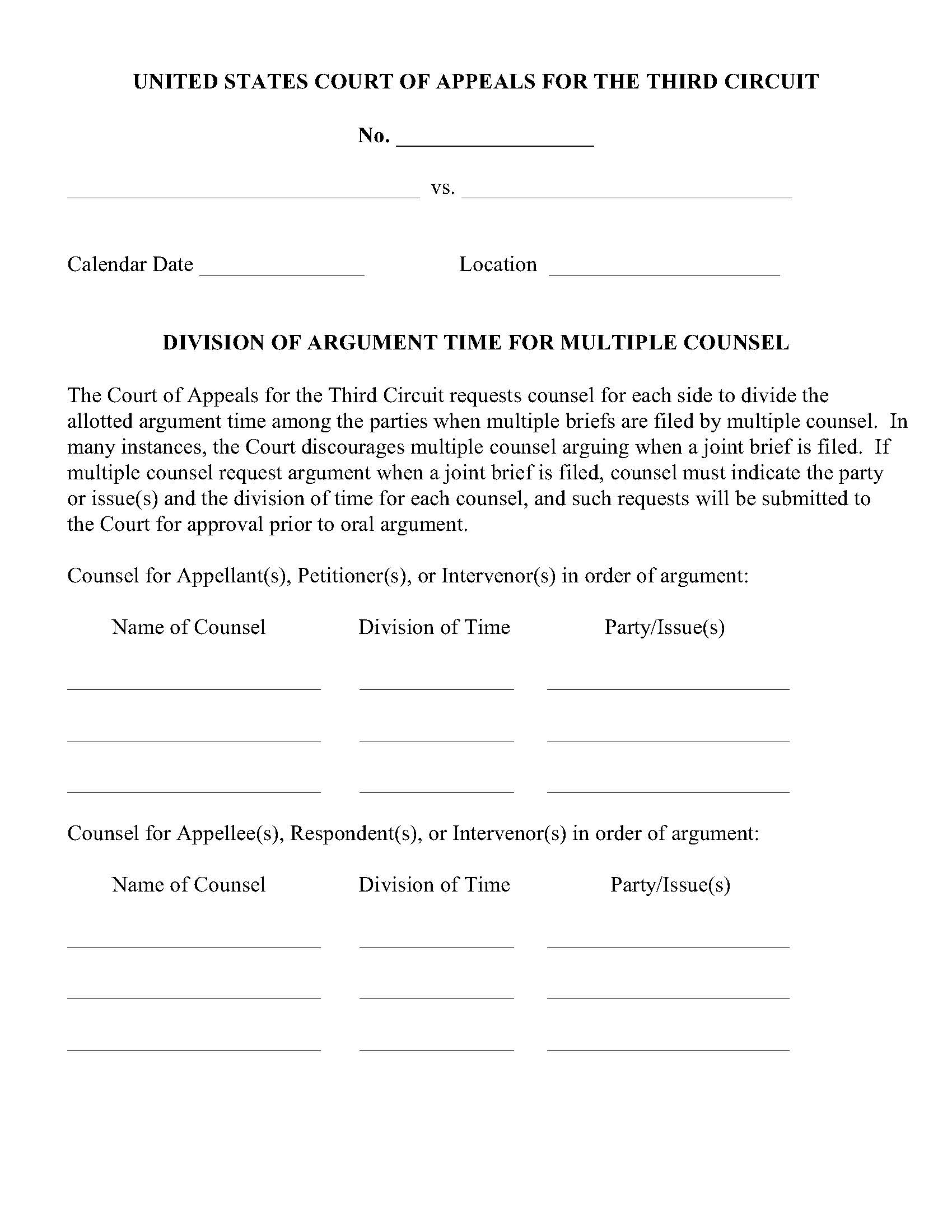 Division Of Argument Time For Multiple Counsel (3rd COA) | Pdf Fpdf Docx | Official Federal Forms