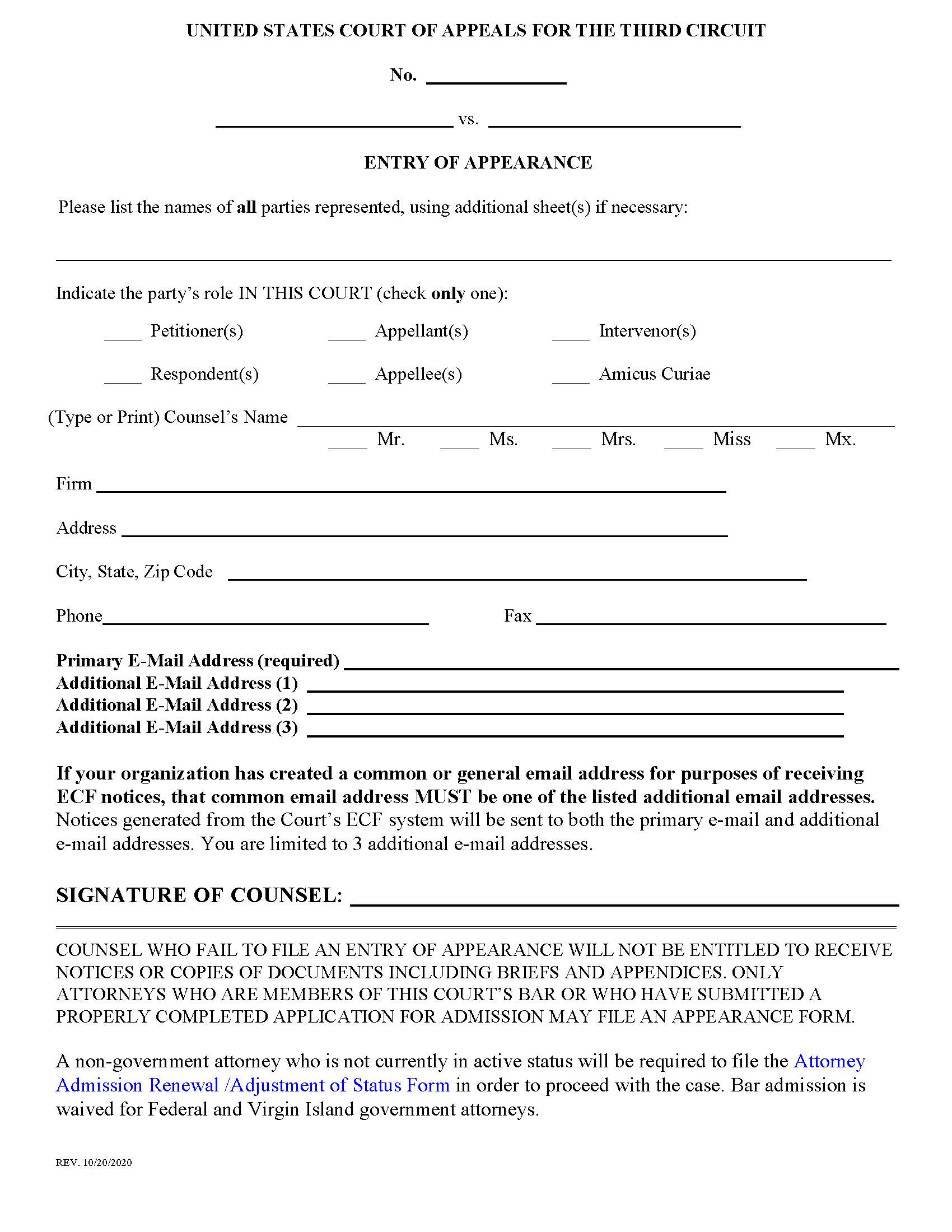 Entry Of Appearance (US Court Of Appeals For The Third Circuit) | Pdf Fpdf Docx | Official Federal Forms