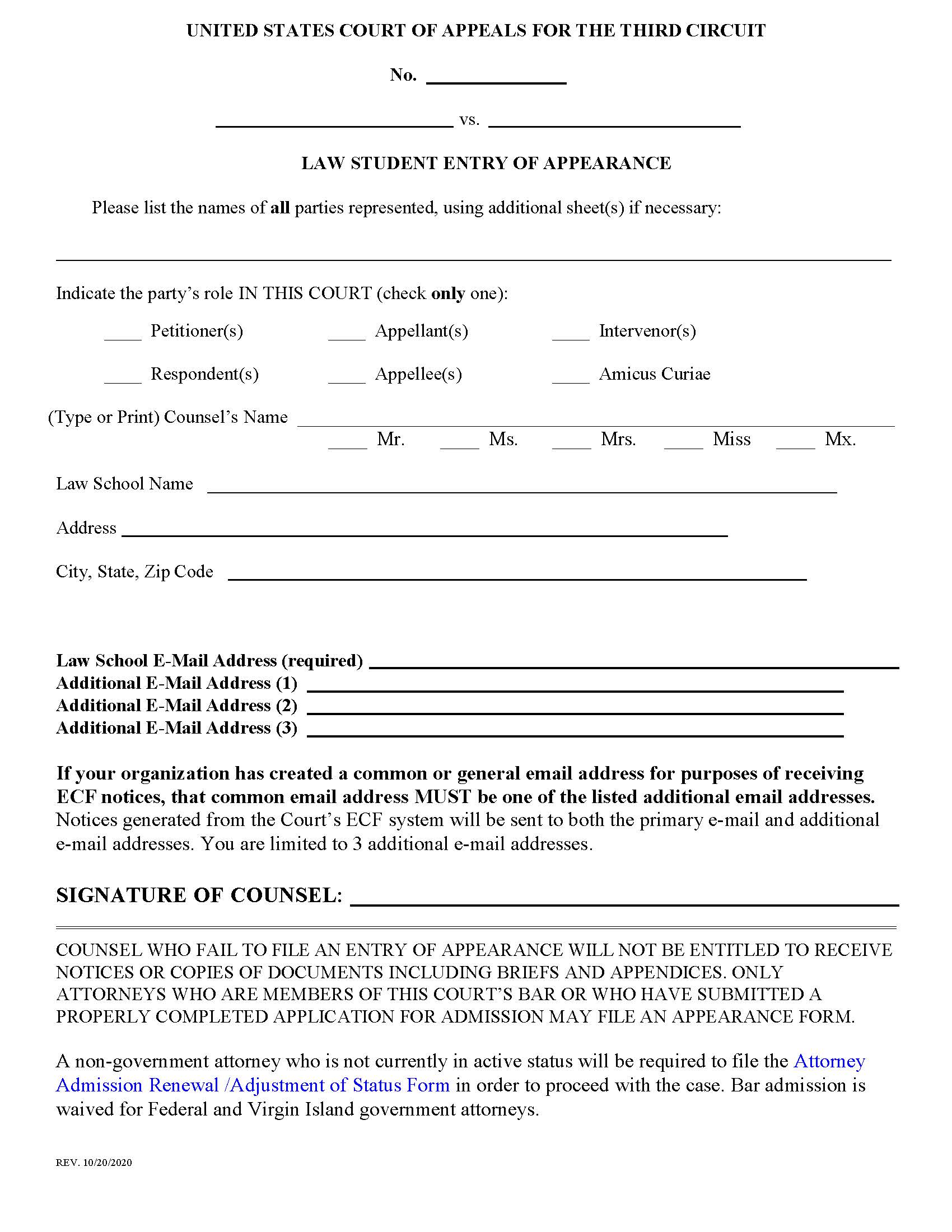 Law Student Entry Of Appearance | Pdf Fpdf Docx | Official Federal Forms