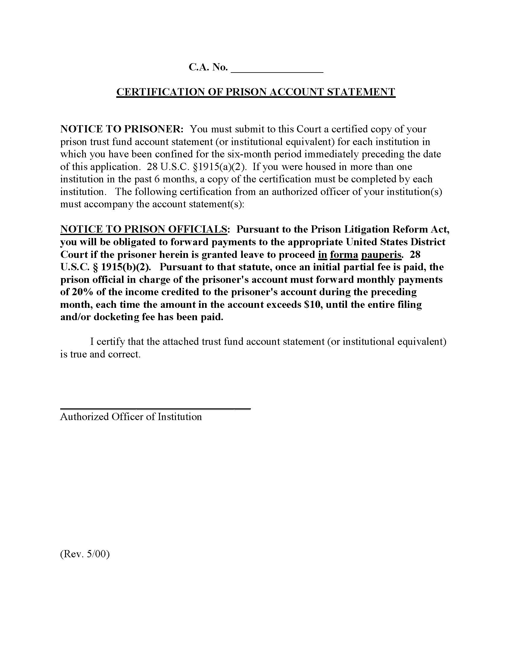 Prison Account Statement Form | Pdf Fpdf Docx | Official Federal Forms
