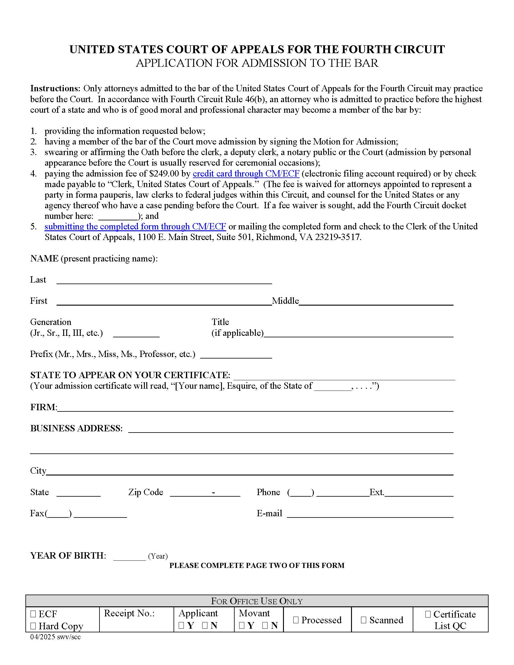 Application For Admission To The Bar (Fourth Circuit COA) | Pdf Fpdf Doc Docx | Official Federal Forms
