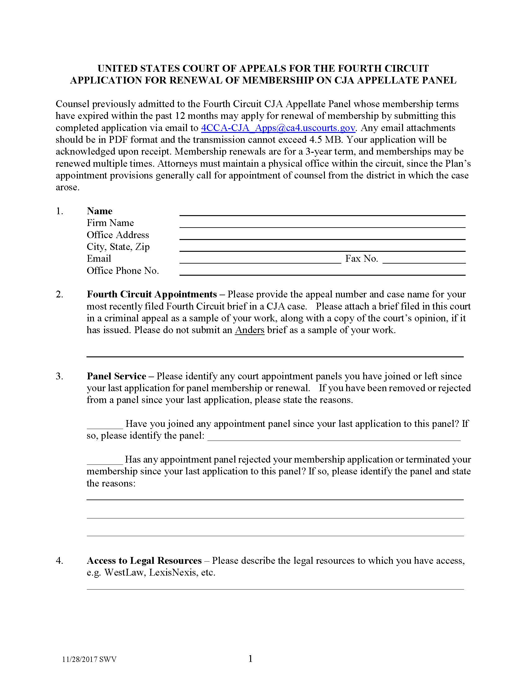 Application For Renewal Of Membership On CJA Appellate Panel | Pdf Fpdf Docx | Official Federal Forms