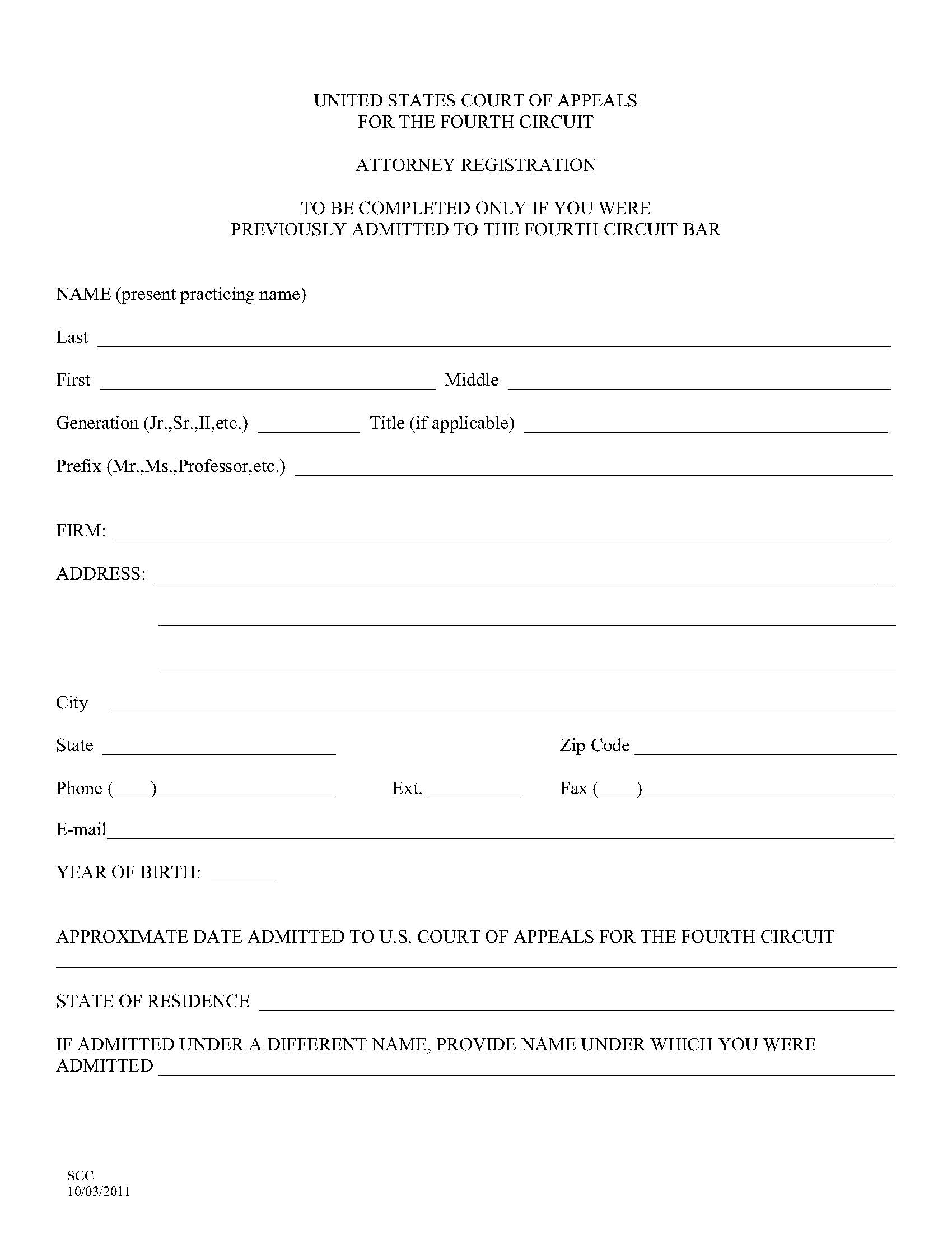 Attorney Registration (Of Previous Bar Admission) | Pdf Fpdf Doc Docx | Official Federal Forms