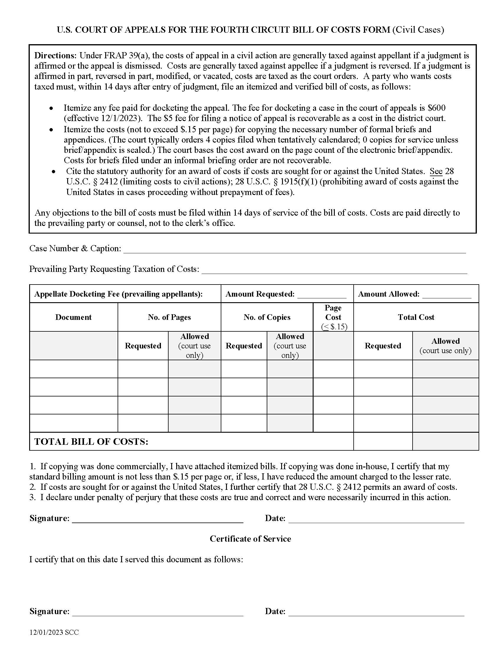 Bill Of Costs | Pdf Fpdf Doc Docx | Official Federal Forms