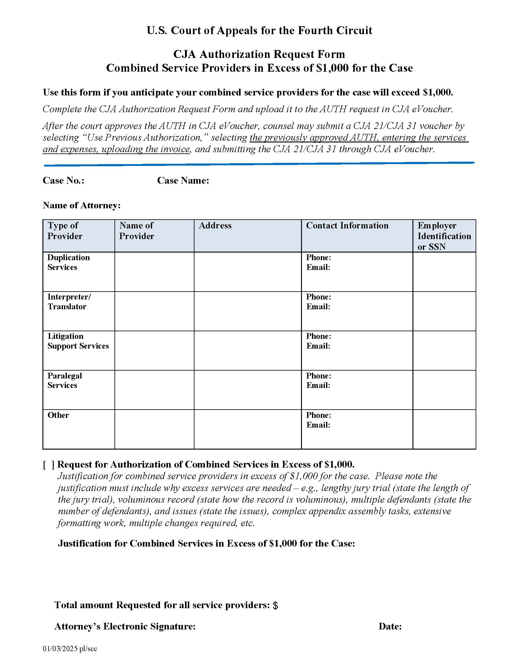 CJA Authorization Request Form-Combined Service Providers Exceeding 1000 | Pdf Fpdf Docx | Official Federal Forms