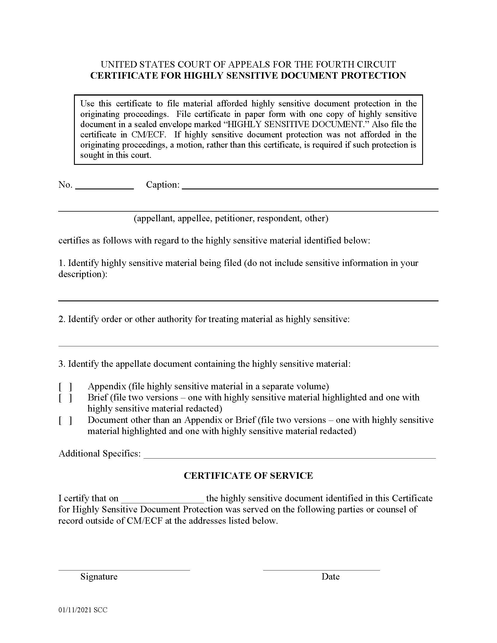 Certificate For Highly Sensitive Document Protection | Pdf Fpdf Docx | Official Federal Forms