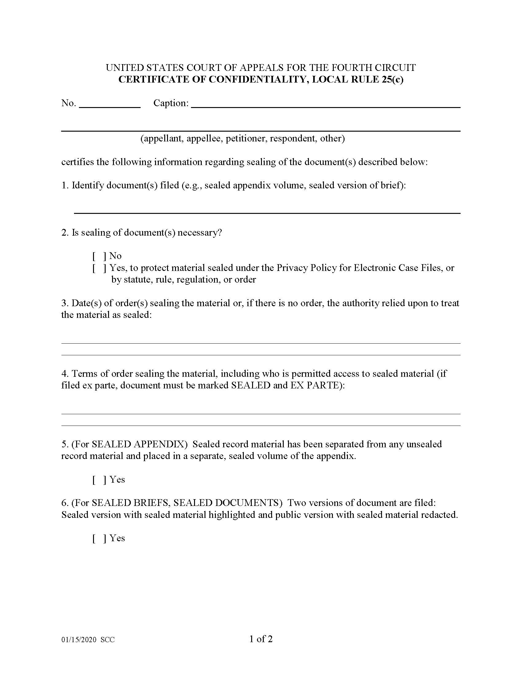 Certificate Of Confidentiality (For Sealed Material) | Pdf Fpdf Doc Docx | Official Federal Forms