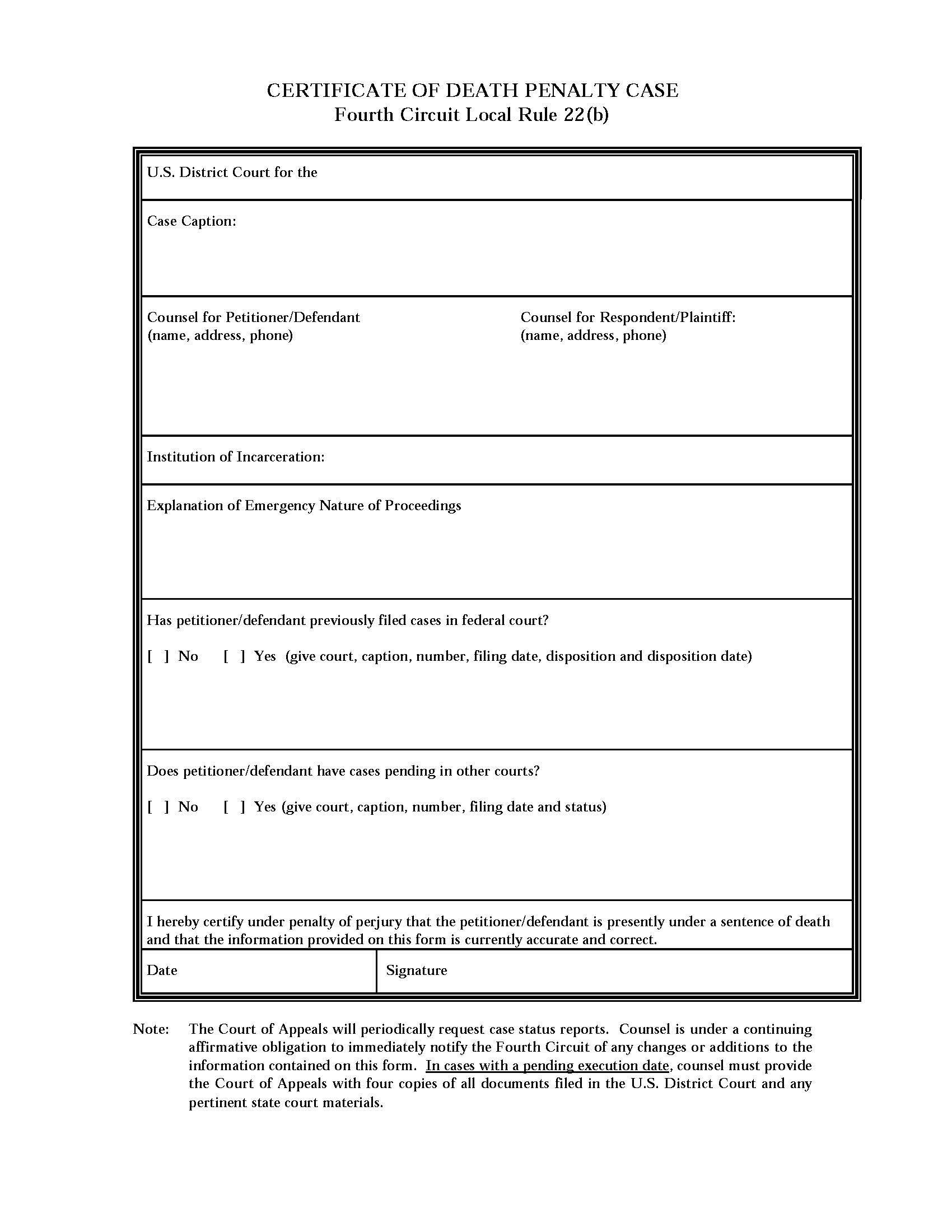 Certificate Of Death Penalty Case | Pdf Fpdf Doc Docx | Official Federal Forms