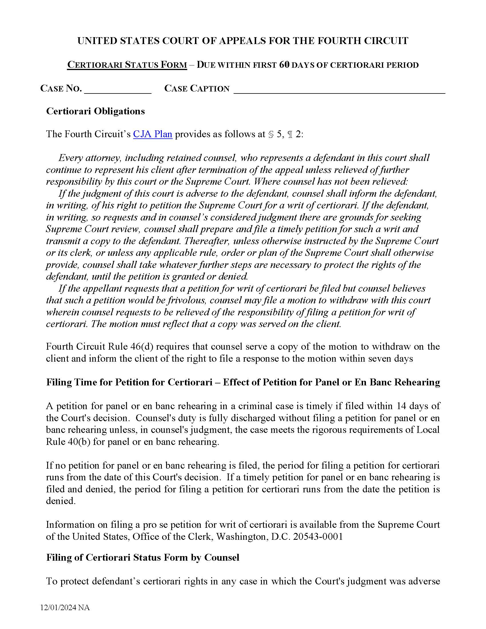 Certiorari Status Form | Pdf Fpdf Doc Docx | Official Federal Forms