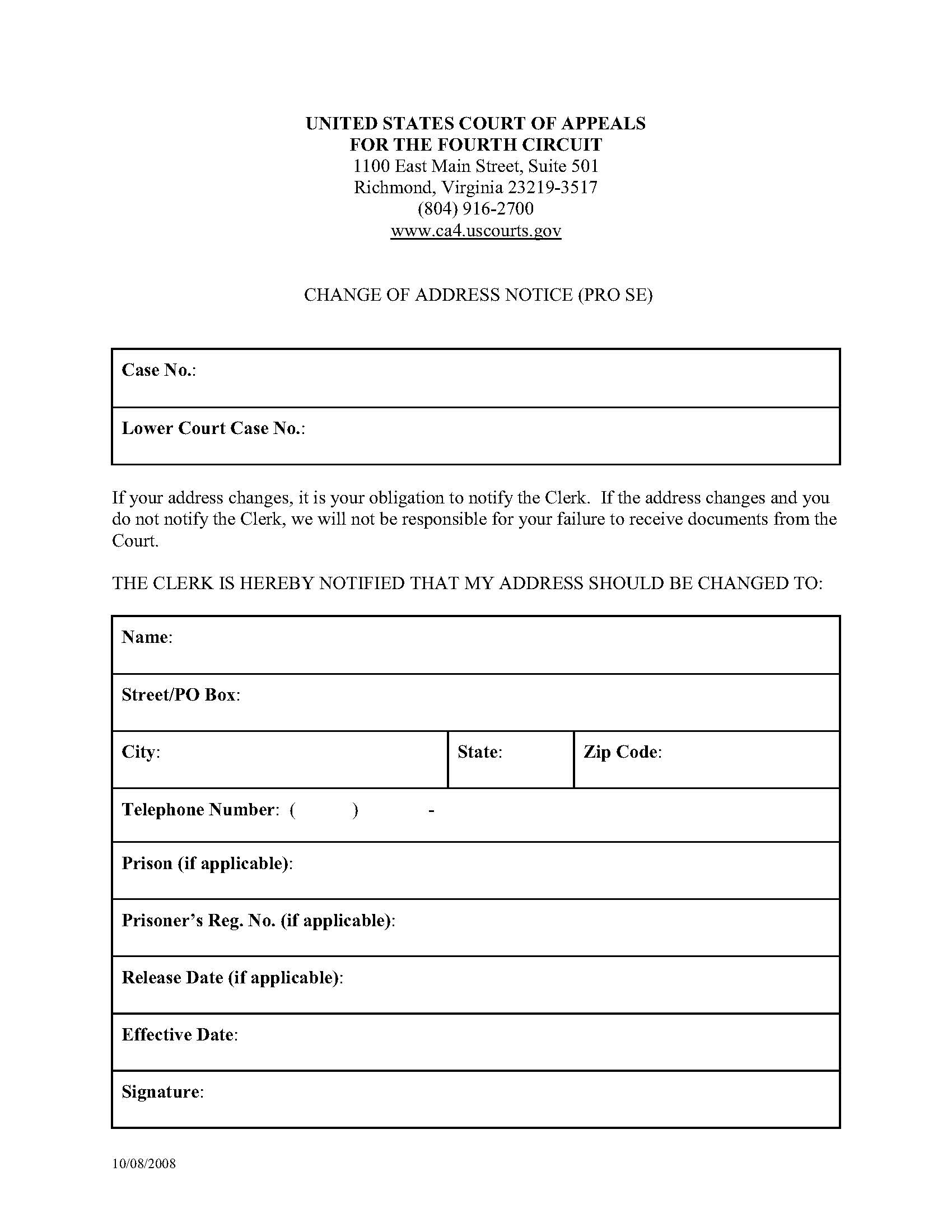 Change Of Address Notice (Pro Se) | Pdf Fpdf Doc Docx | Official Federal Forms