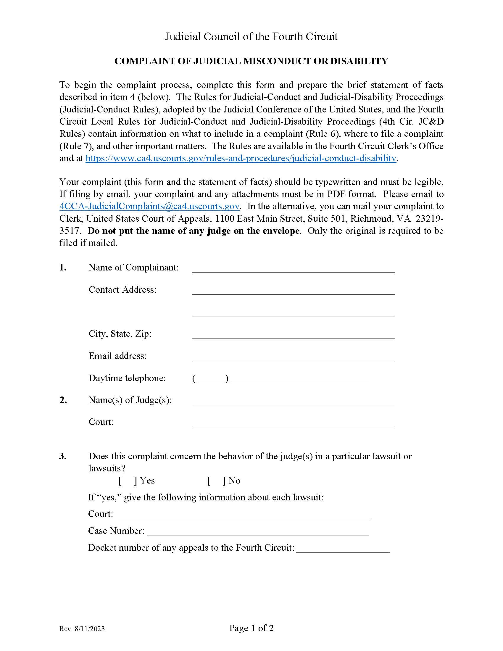 Complaint Of Judicial Misconduct Or Disability (4th Circuit Court Of Appeals) | Pdf Fpdf Doc Docx | Official Federal Forms