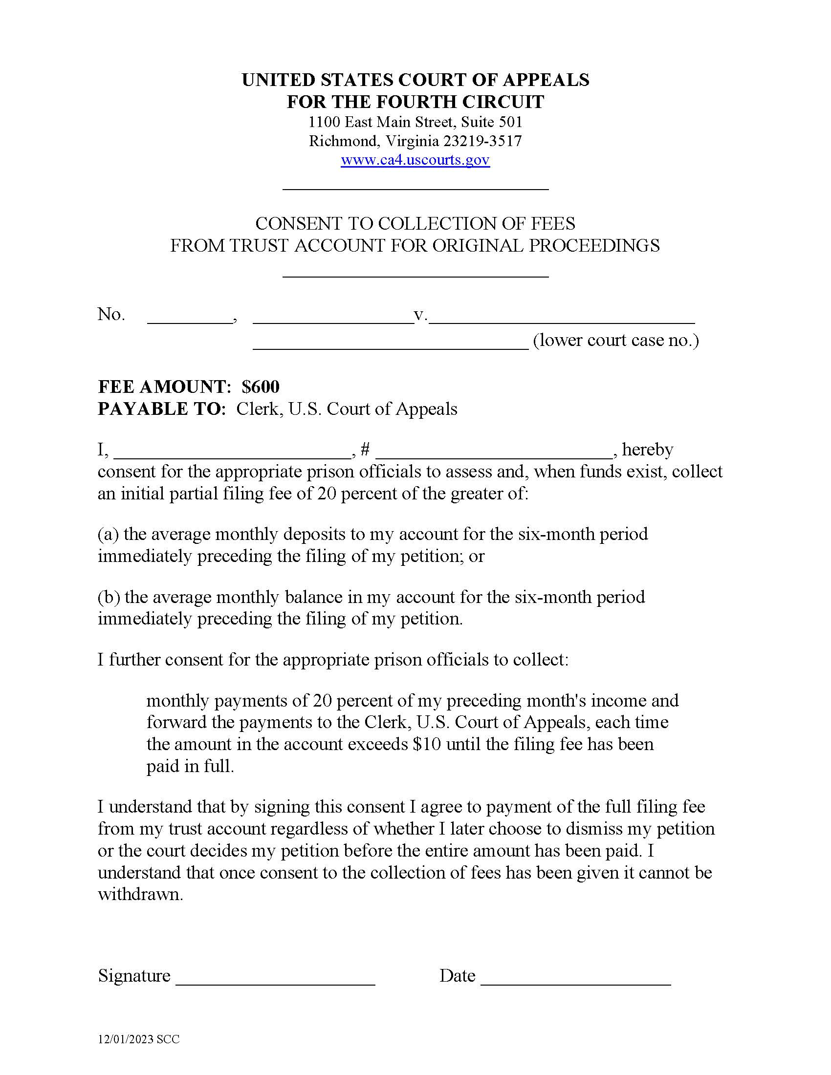 Consent To Collection Of Fees From Trust Account For Original Proceedings | Pdf Fpdf Doc Docx | Official Federal Forms