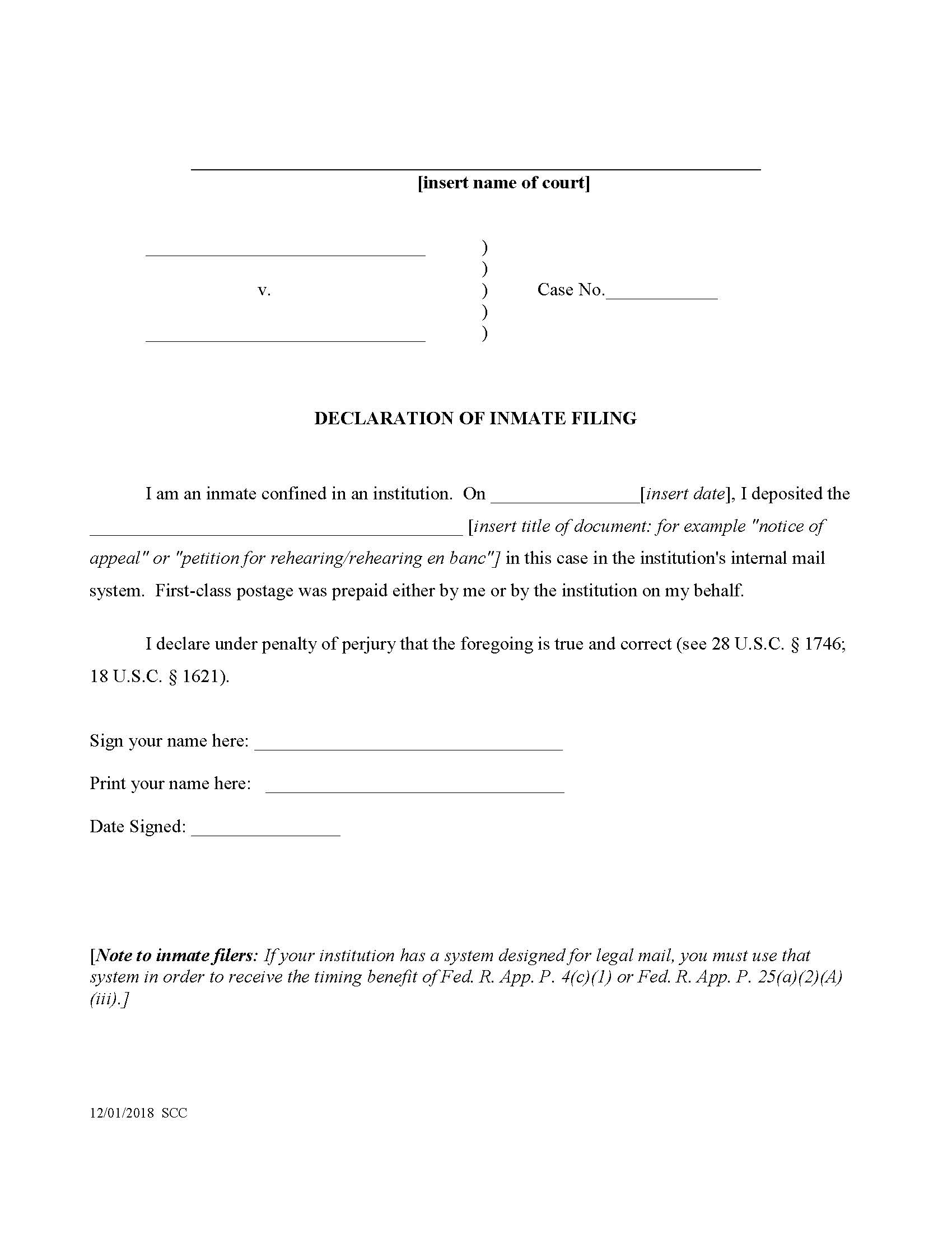 Declaration Of Inmate Filing | Pdf Fpdf Docx | Official Federal Forms