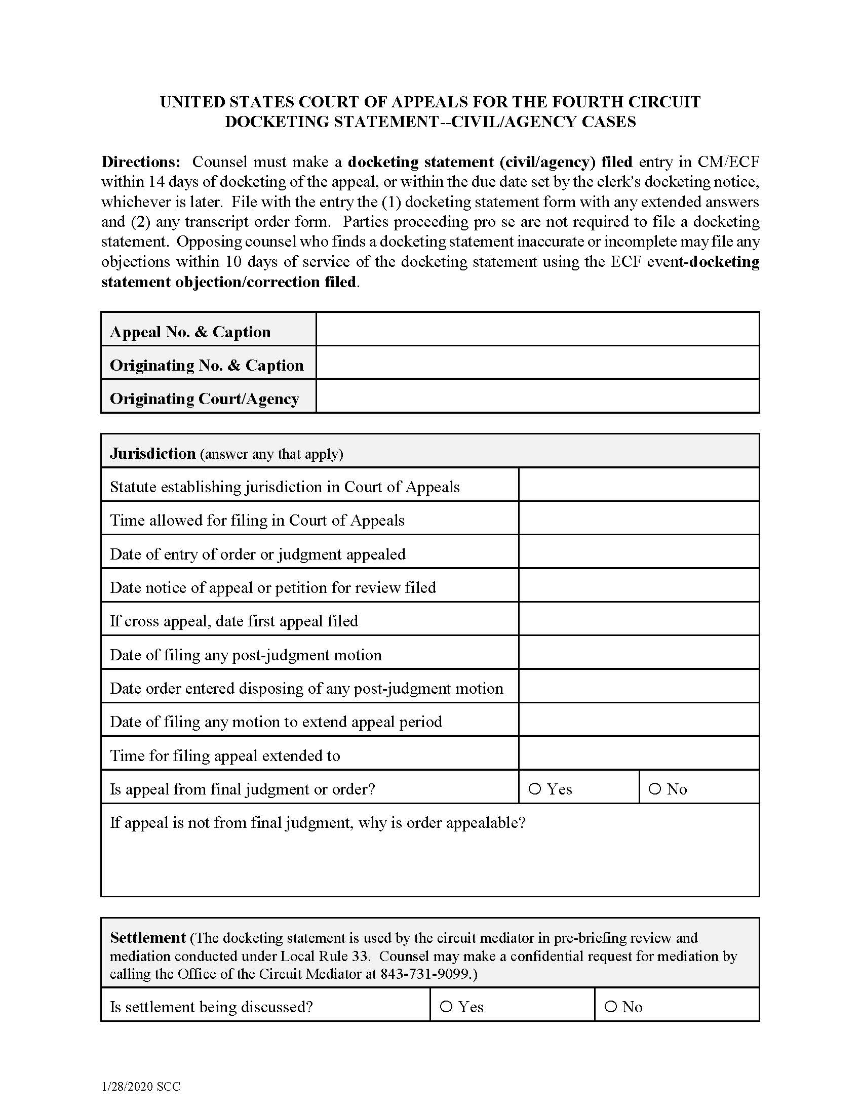 Docketing Statement Civil-Agency Cases | Pdf Fpdf Doc Docx | Official Federal Forms