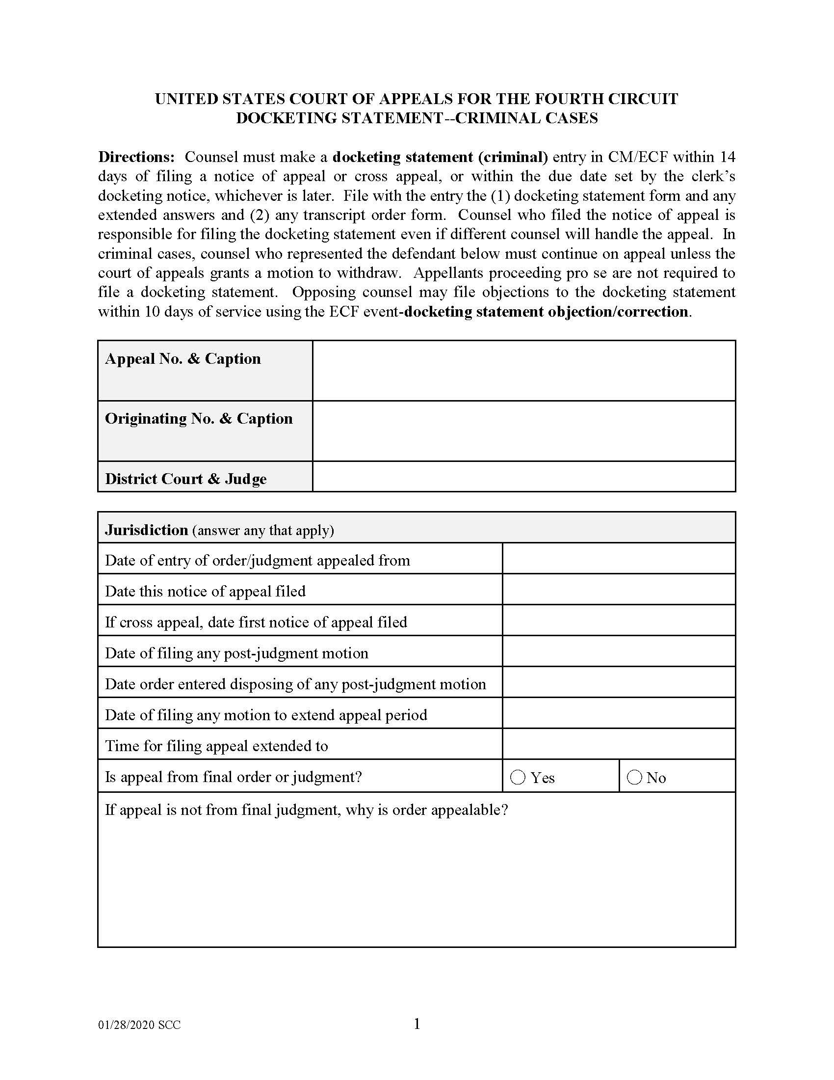 Docketing Statement Criminal Cases | Pdf Fpdf Doc Docx | Official Federal Forms