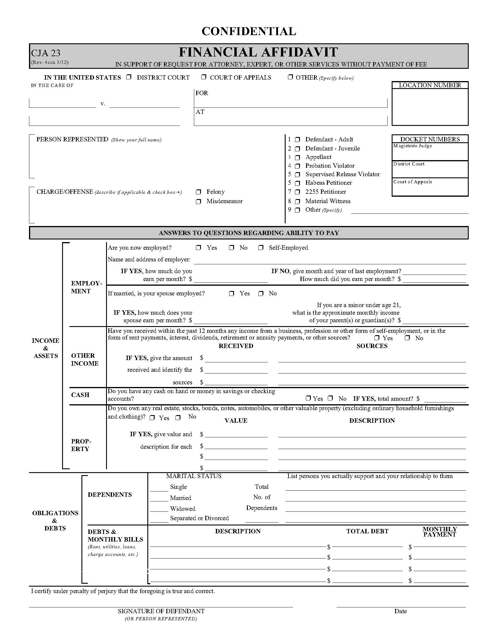 Financial Affidavit (4cca) {CJA 23} | Pdf Fpdf Doc Docx | Official Federal Forms