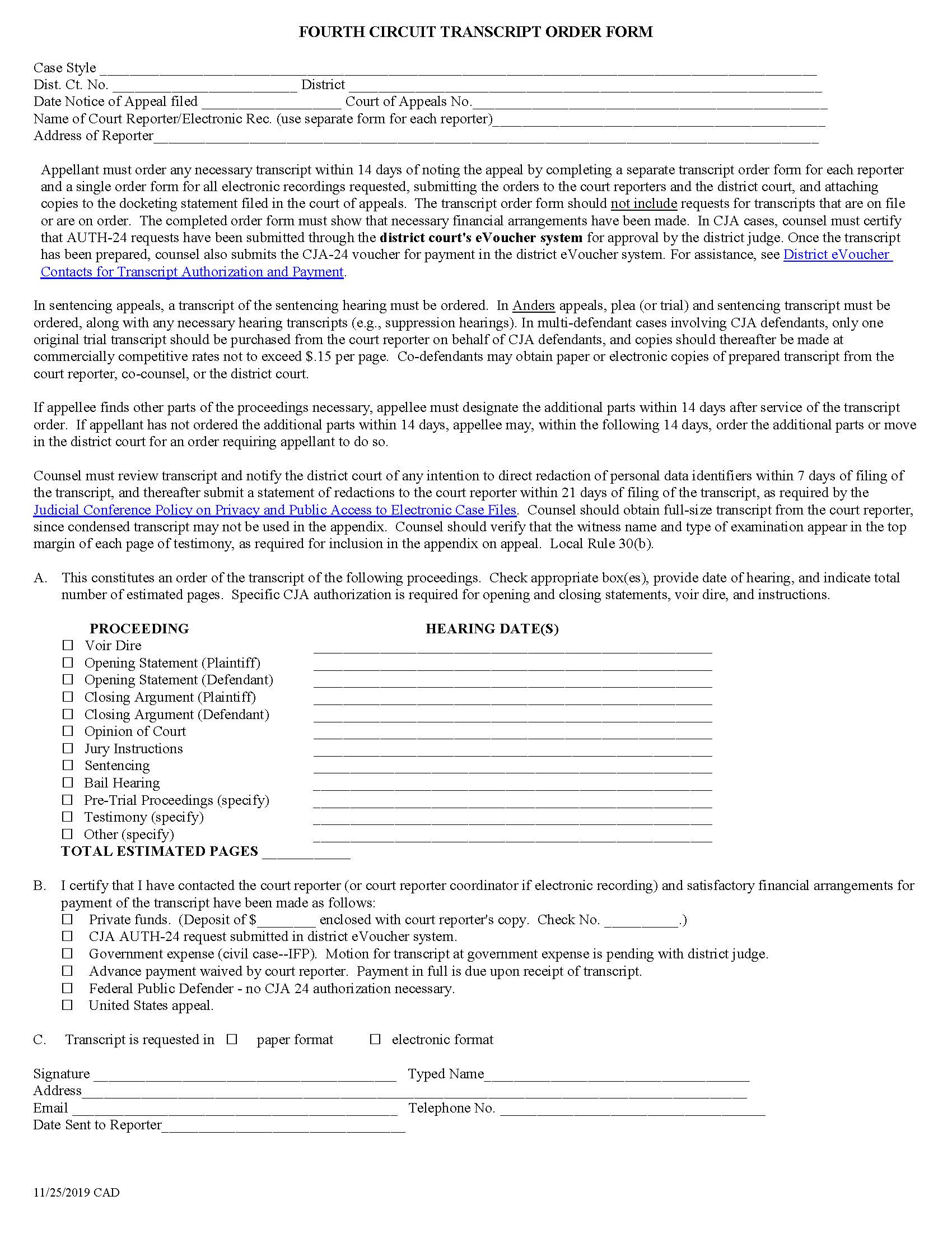 Fourth Circuit Transcript Order Form | Pdf Fpdf Docx | Official Federal Forms