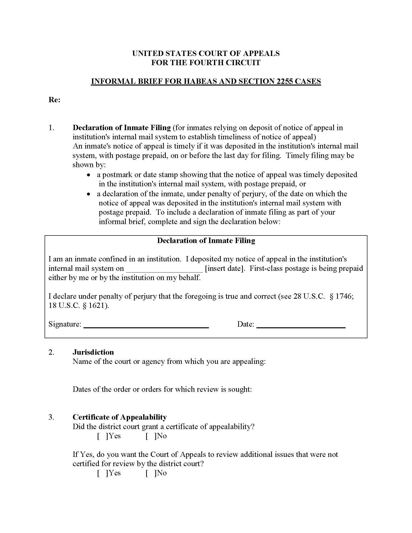 Informal Brief For Habeas And Section 2255 Cases | Pdf Fpdf Doc Docx | Official Federal Forms