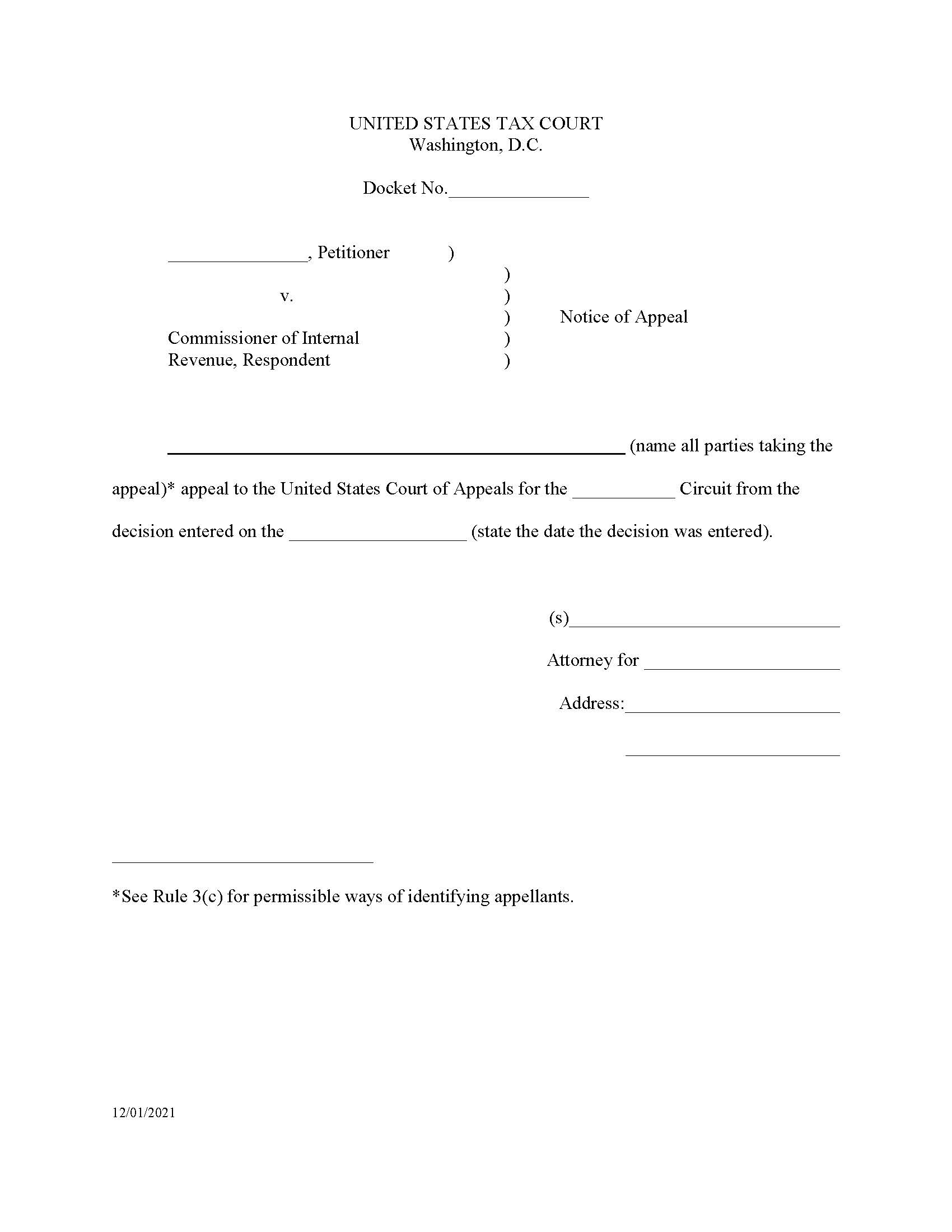 Notice Of Appeal - Tax Court | Pdf Fpdf Doc Docx | Official Federal Forms