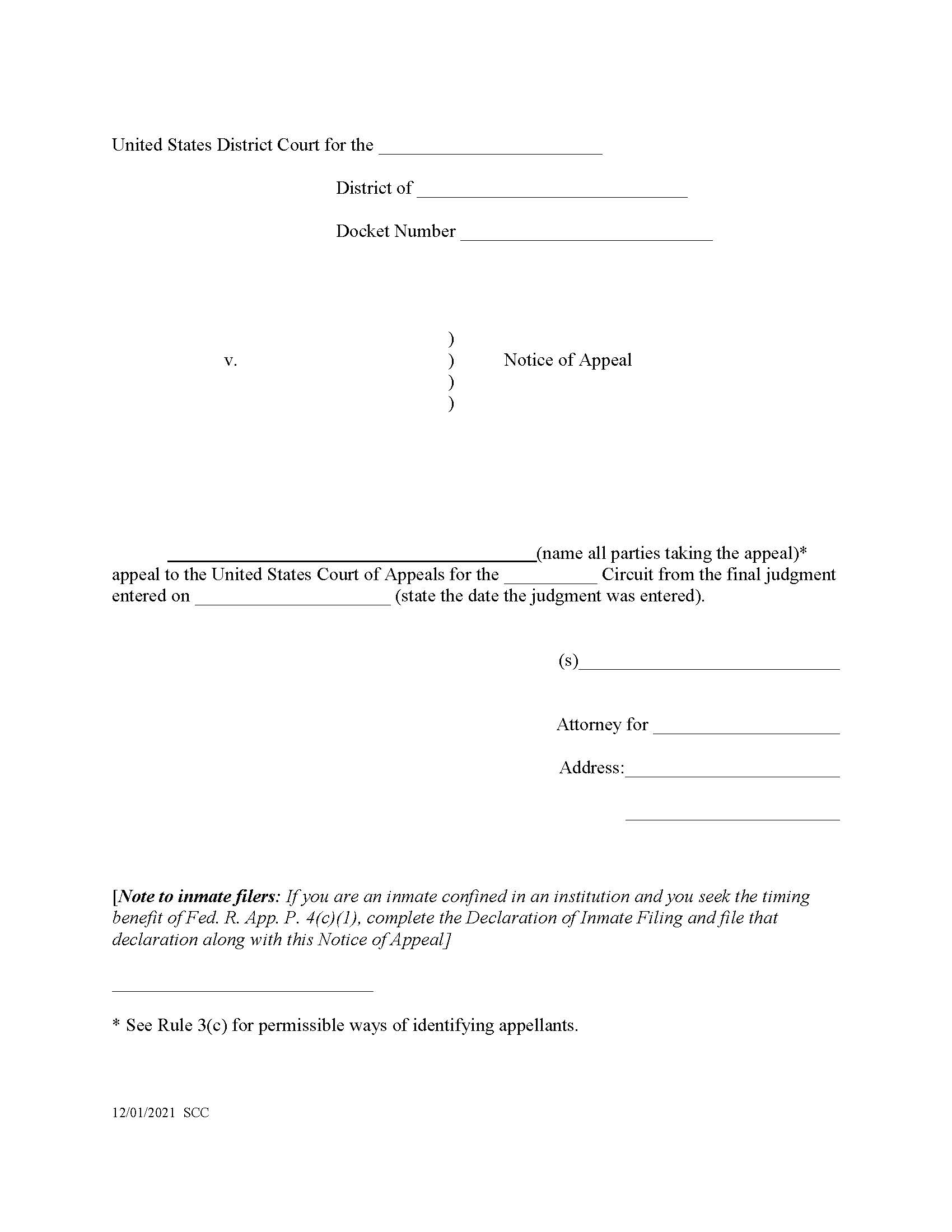 Notice Of Appeal To Appellate Court | Pdf Fpdf Doc Docx | Official Federal Forms