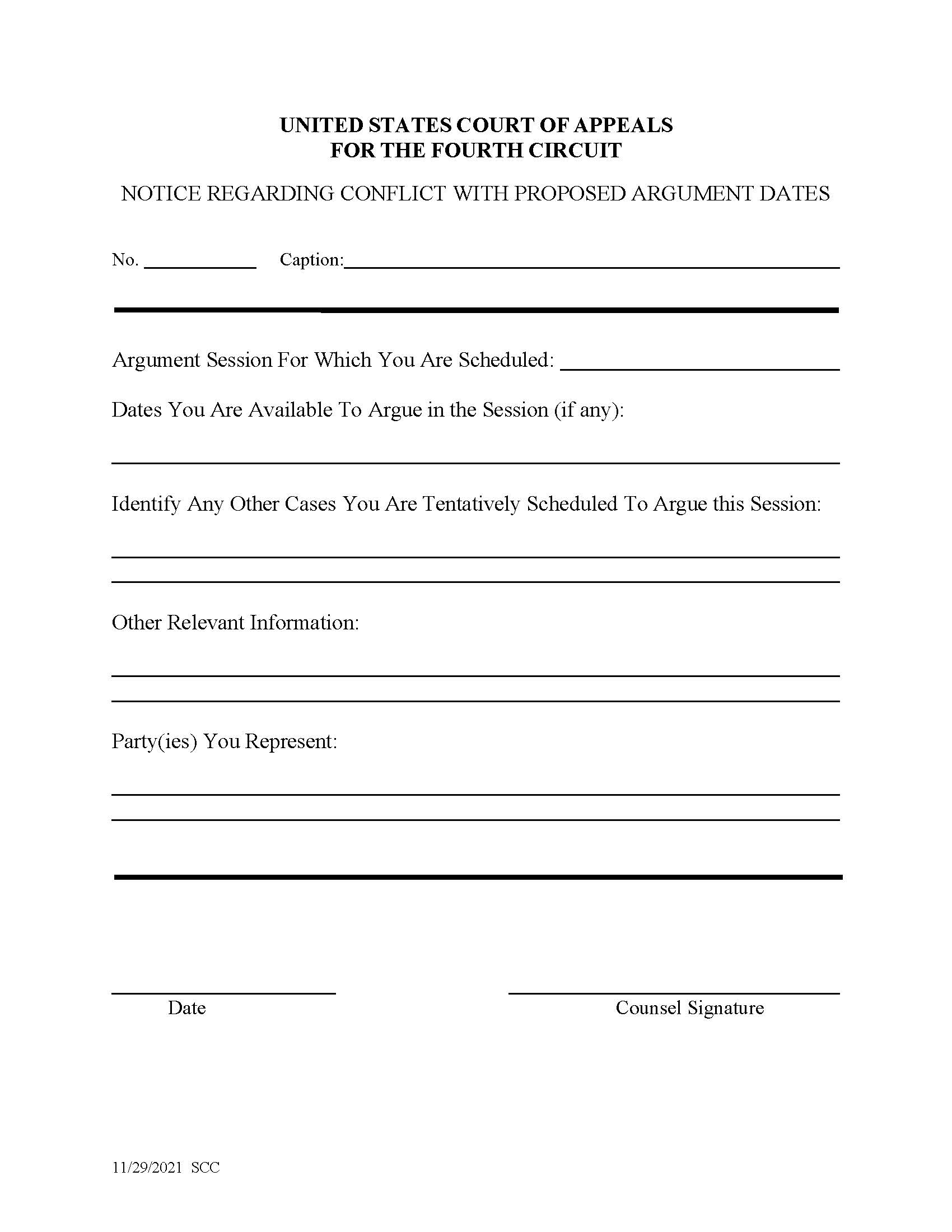 Notice Regarding Conflict With Proposed Argument Dates | Pdf Fpdf Doc Docx | Official Federal Forms